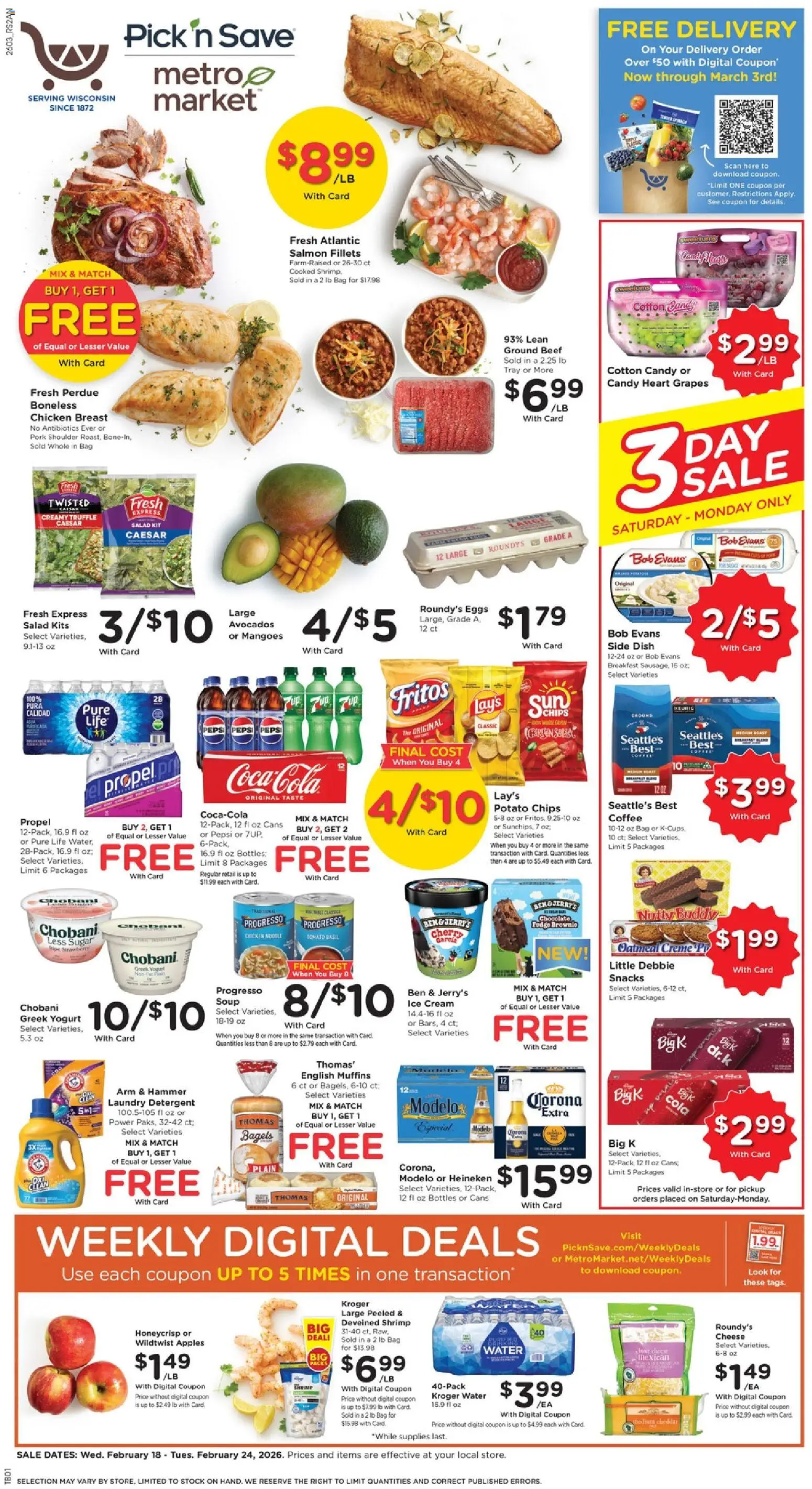 Pick ‘n Save Weekly Ad - valid from 18.02.2026 | Page: 1 | Products: Yogurt, Coffee, Ice cream, Bag