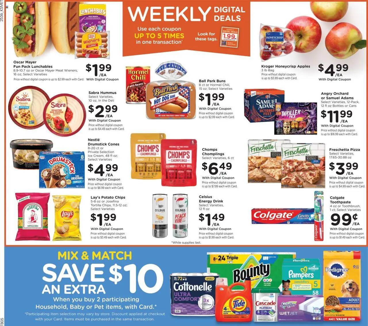 King Soopers Weekly Ad - valid from 08.10.2025 | Page: 2 | Products: Corn, Pizza, Toothpaste, Peach