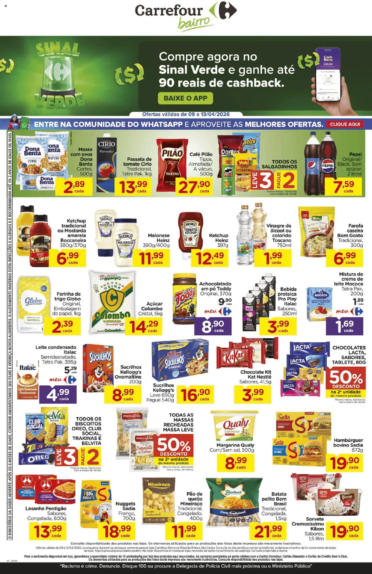 Carrefour Bairro Folheto - válido de 09.04.2026 | Página: 1 | Produtos: Queijo, Flocos, Bebida, Farofa