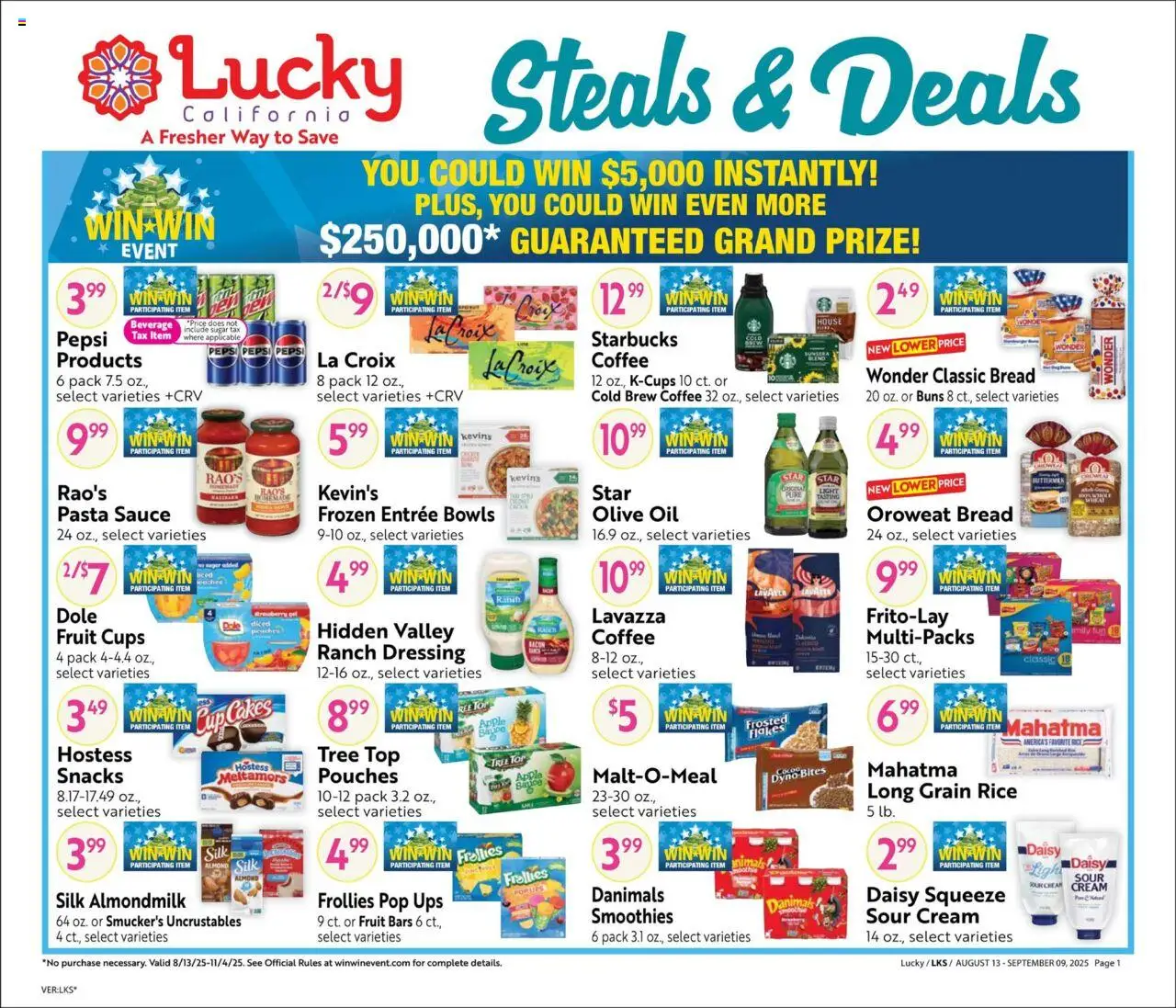Lucky Supermarkets Big Monthly Deals - valid from 13.08.2025 | Page: 1 | Products: Bread, Coffee, Flakes, Sauce