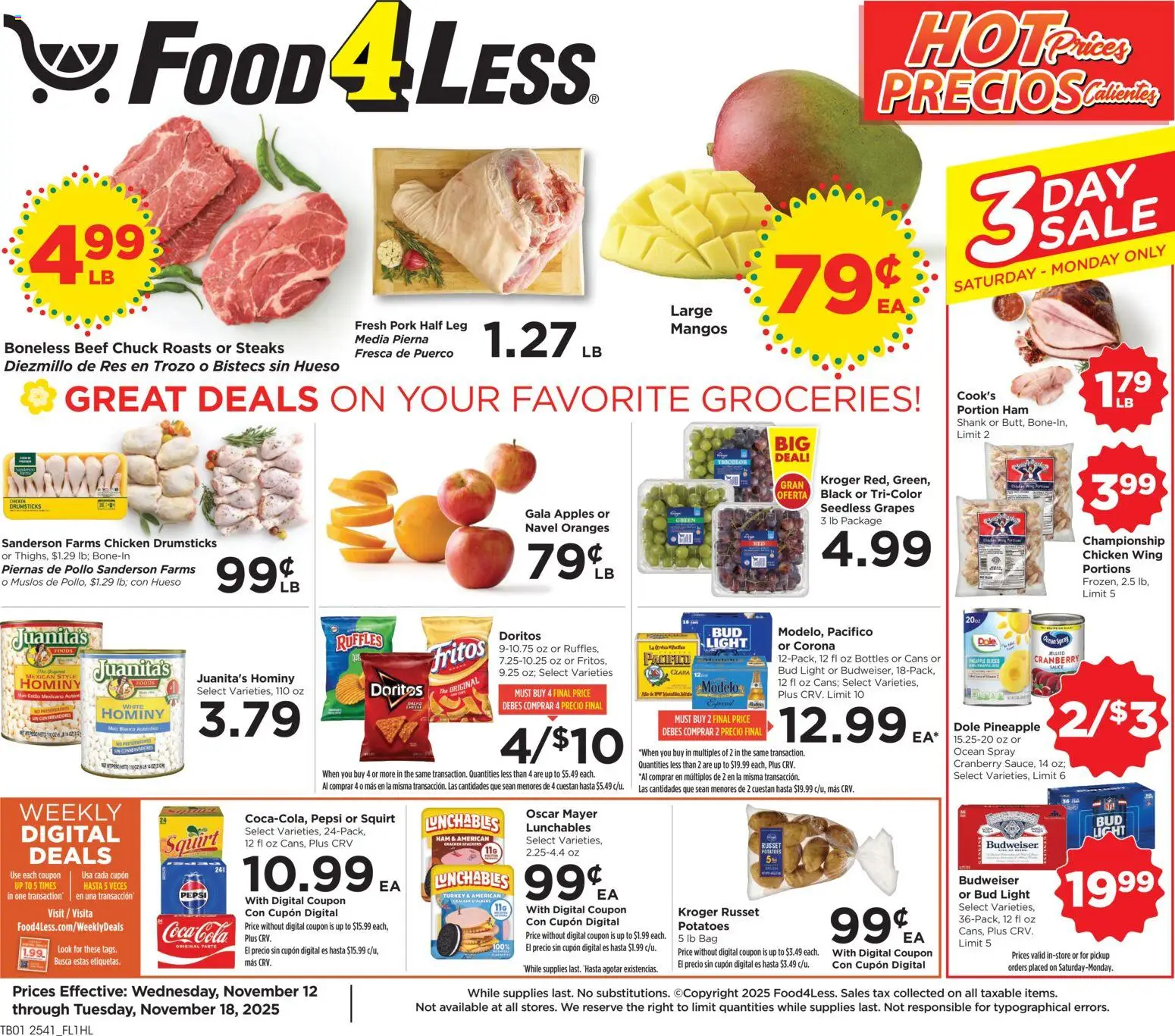 Food 4 Less Weekly Ad - valid from 12.11.2025 | Page: 1 | Products: Pork, Potatoes, Grapes, Bag