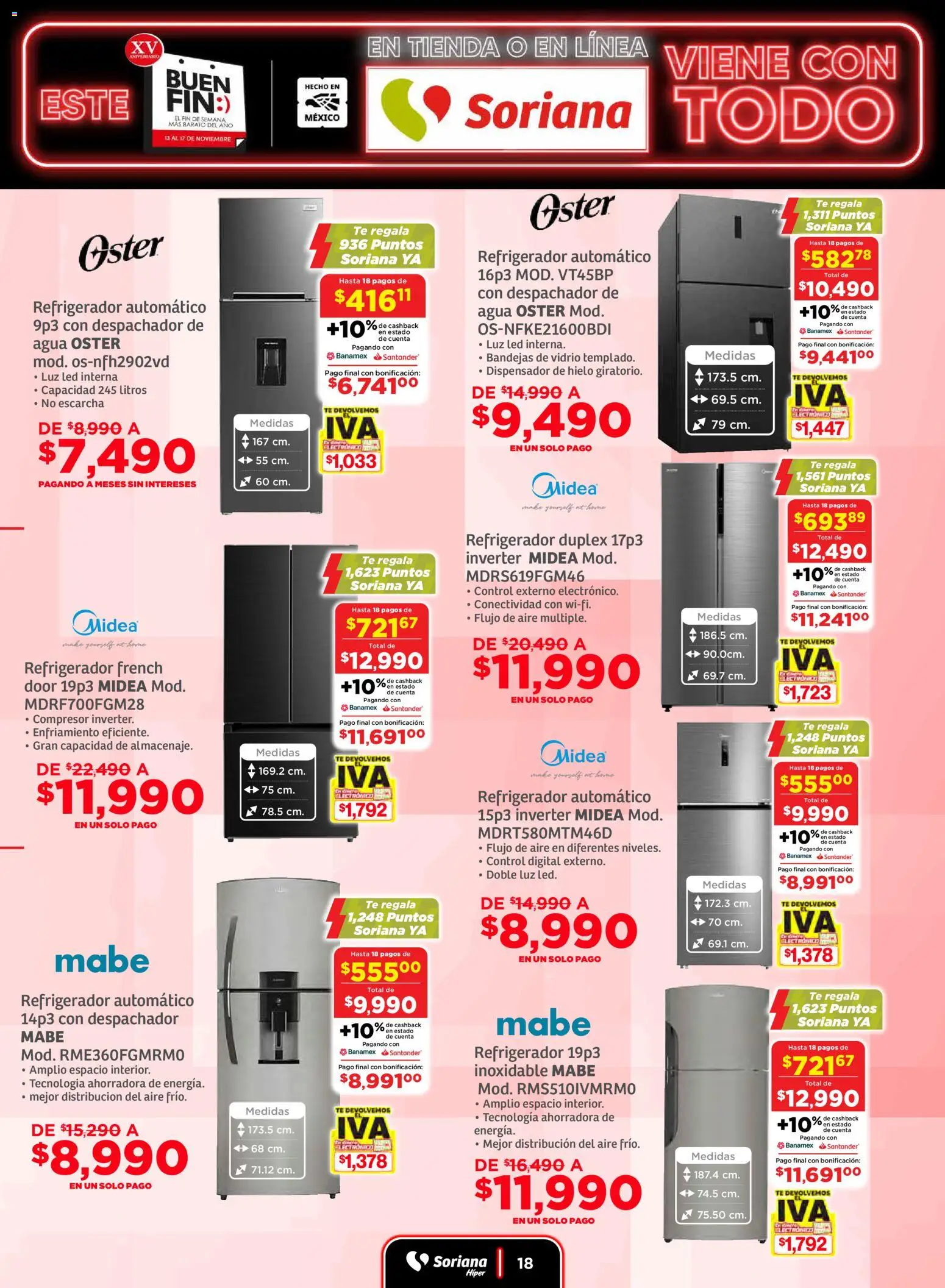 Nuevas ofertas de Soriana válidas en toda la República Mexicana desde el 13.11.2025. ¡Encuentra las mejores ofertas en Soriana Buen Fin ! | Página: 18 | Productos: Refrigerador, Agua, Té