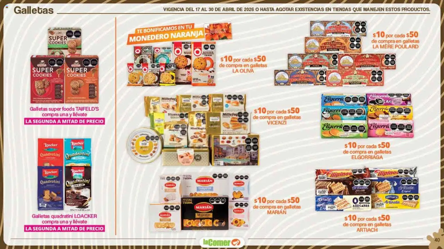 Nuevas ofertas de La Comer válidas en toda la República Mexicana desde el 17.04.2026. ¡Encuentra las mejores ofertas en La Comer folleto Día del Niño! | Página: 40 | Productos: Monedero, Galletas, Cacao, Té