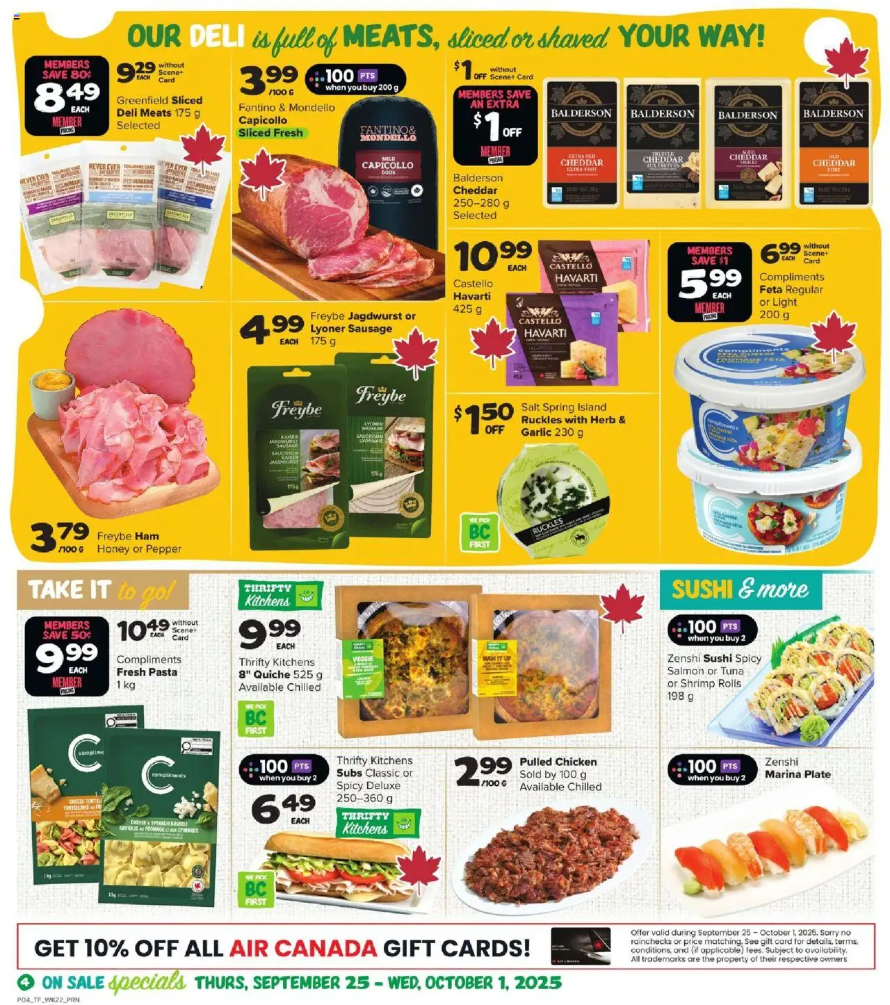 Thrifty Foods flyer valid from 25.09.2025 | Page: 5 | Products: Pasta, Cheese, Ham, Chicken