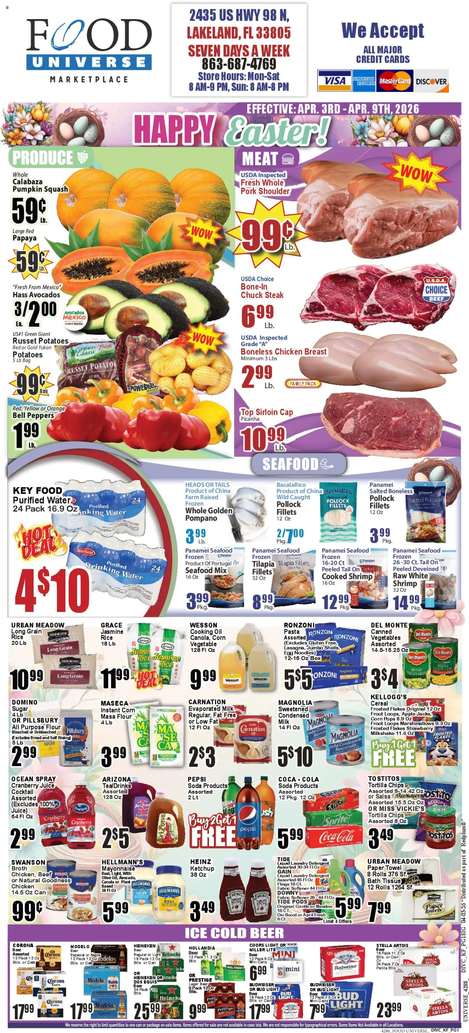 Food Universe Weekly Ad - valid from 03.04.2026 | Page: 1 | Products: Pork, Fabric softener, Potatoes, Pumpkin