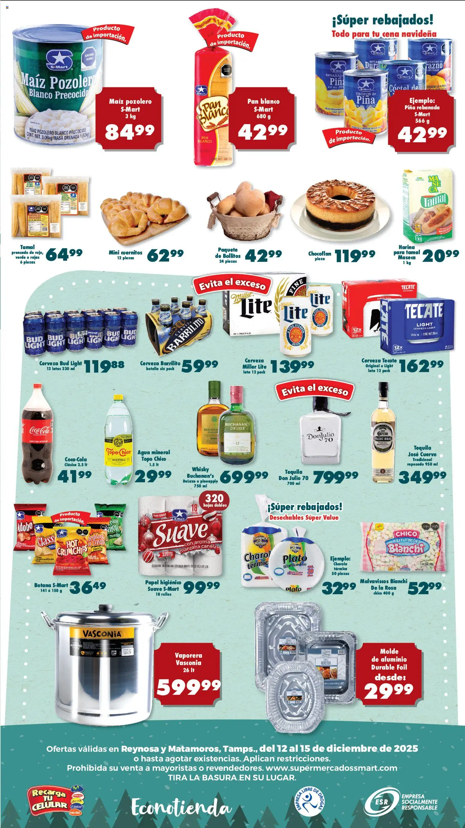 Nuevas ofertas de S-Mart válidas en toda la República Mexicana desde el 12.12.2025. ¡Encuentra las mejores ofertas en S-Mart folleto Reynosa! | Página: 3 | Productos: Agua, Piña, Tequila, Botella