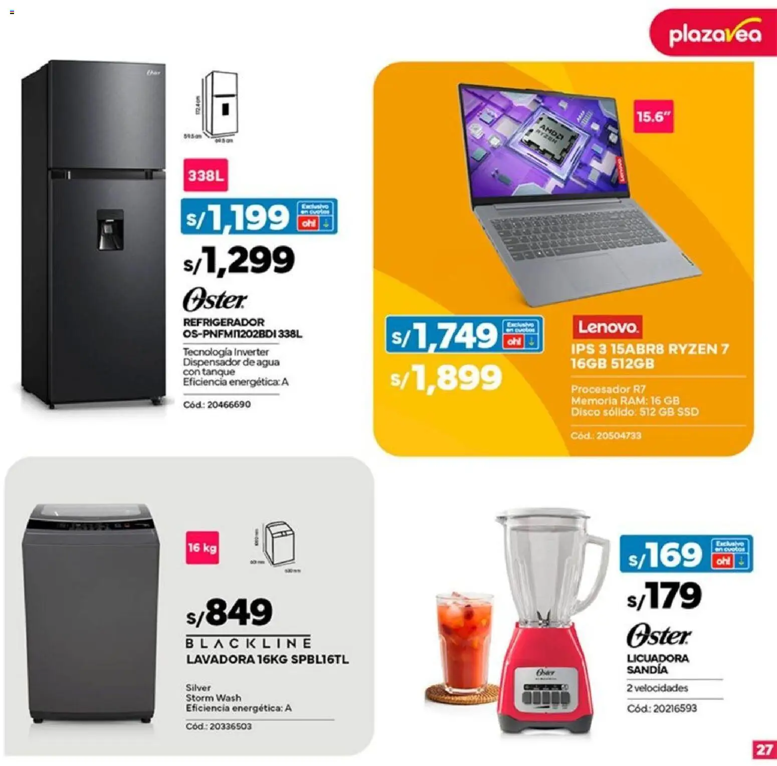 Catálogo Plaza Vea válido desde 12.11.2025 | Página: 27 | Productos: Disco, Refrigerador, Lavadora, Licuadora