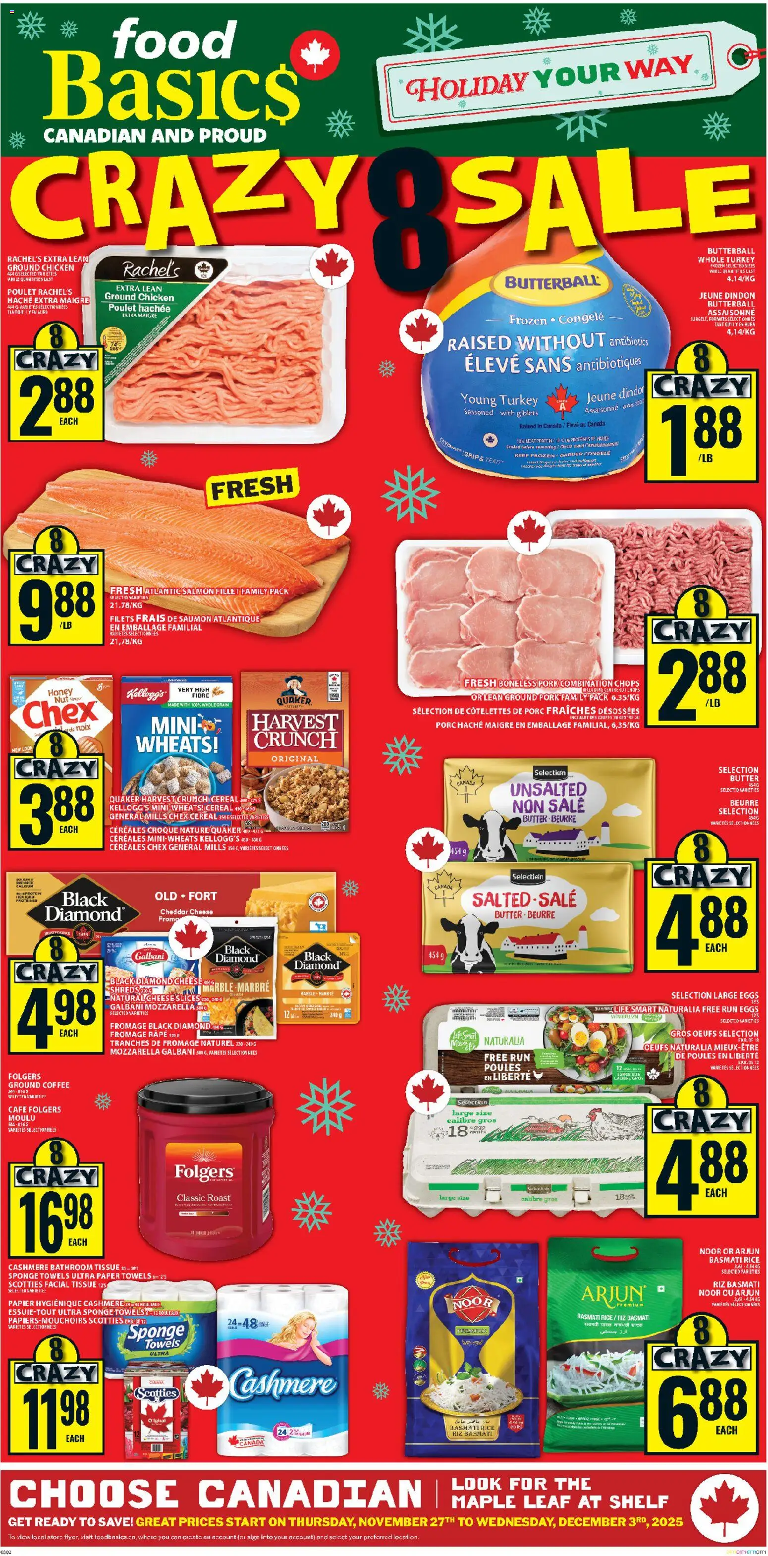 Food Basics flyer valid from 27.11.2025 | Page: 1 | Products: Shelf, Eggs, Chicken, Pork