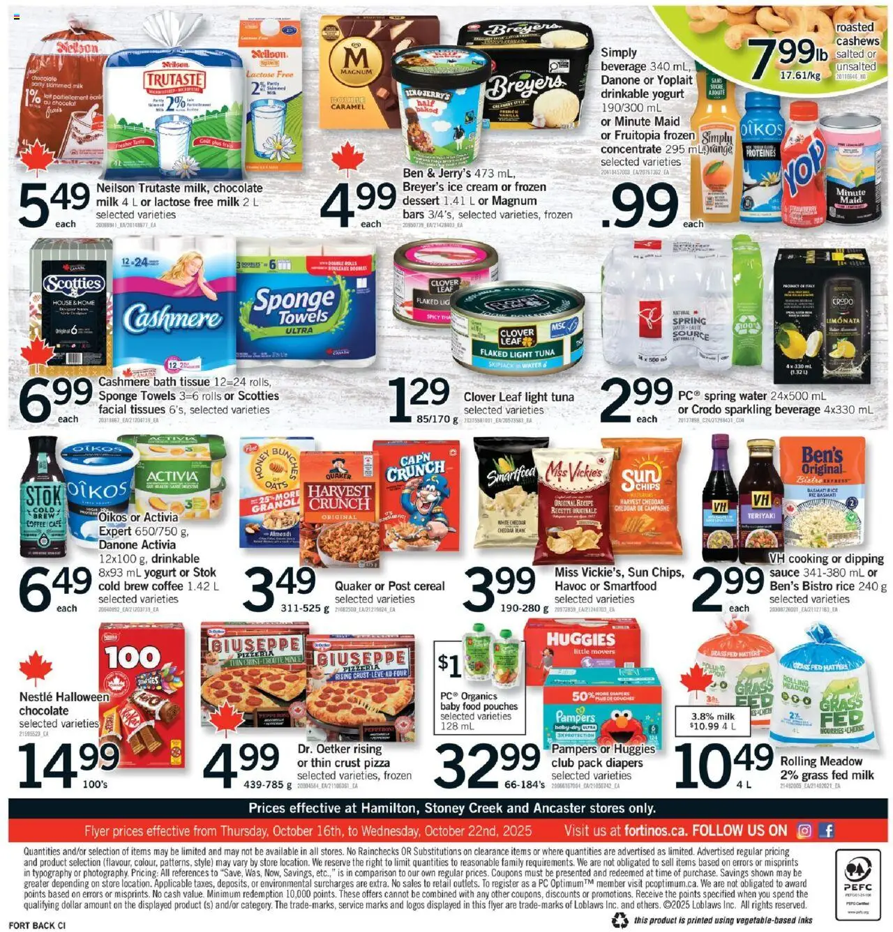 Fortinos flyer valid from 16.10.2025 | Page: 2 | Products: Sponge, Milk, Chocolate, Pizza