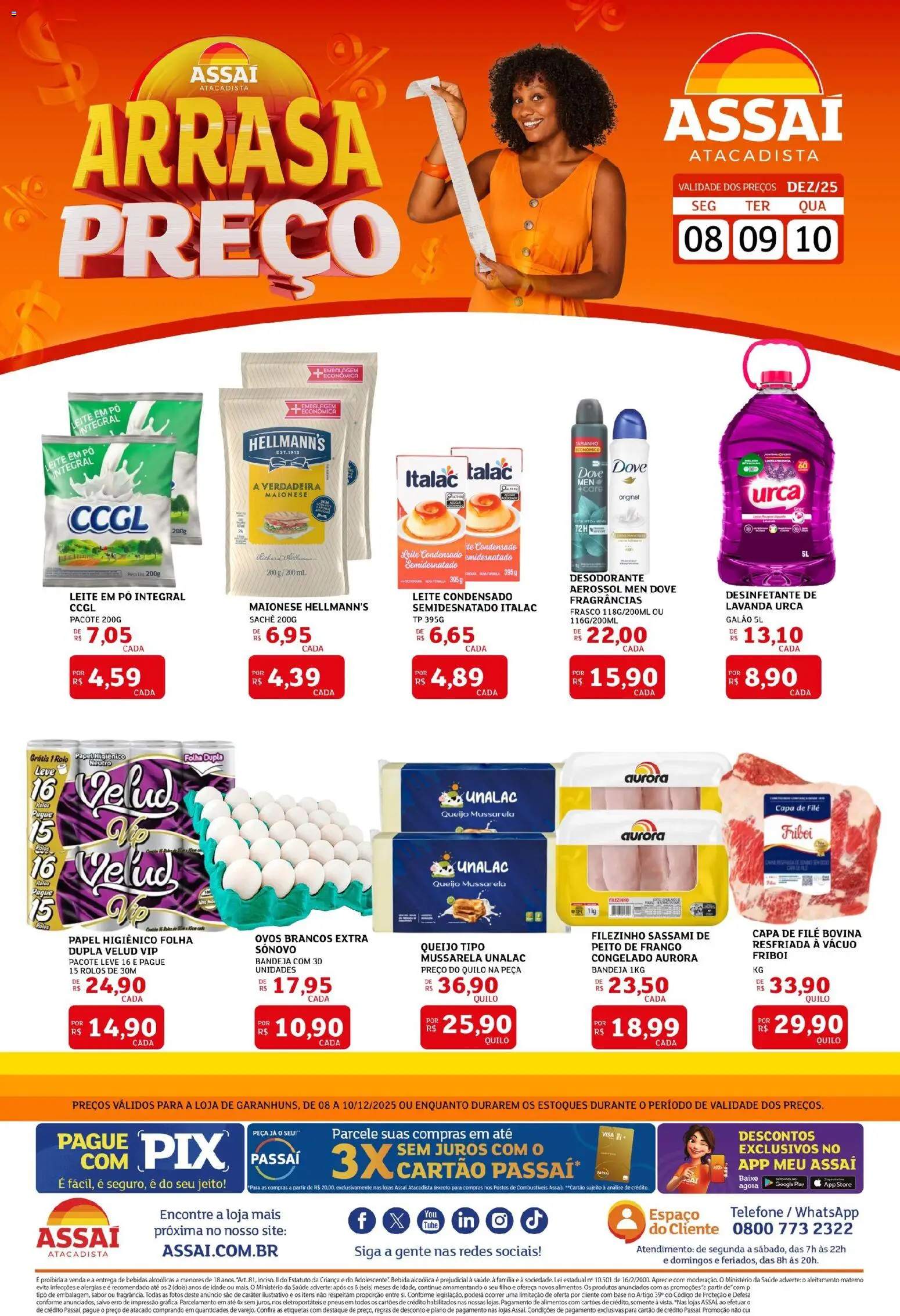 Assaí Atacadista Folheto - válido de 08.12.2025 | Página: 1 | Produtos: Bandeja, Telefone, Maionese, Desinfetante
