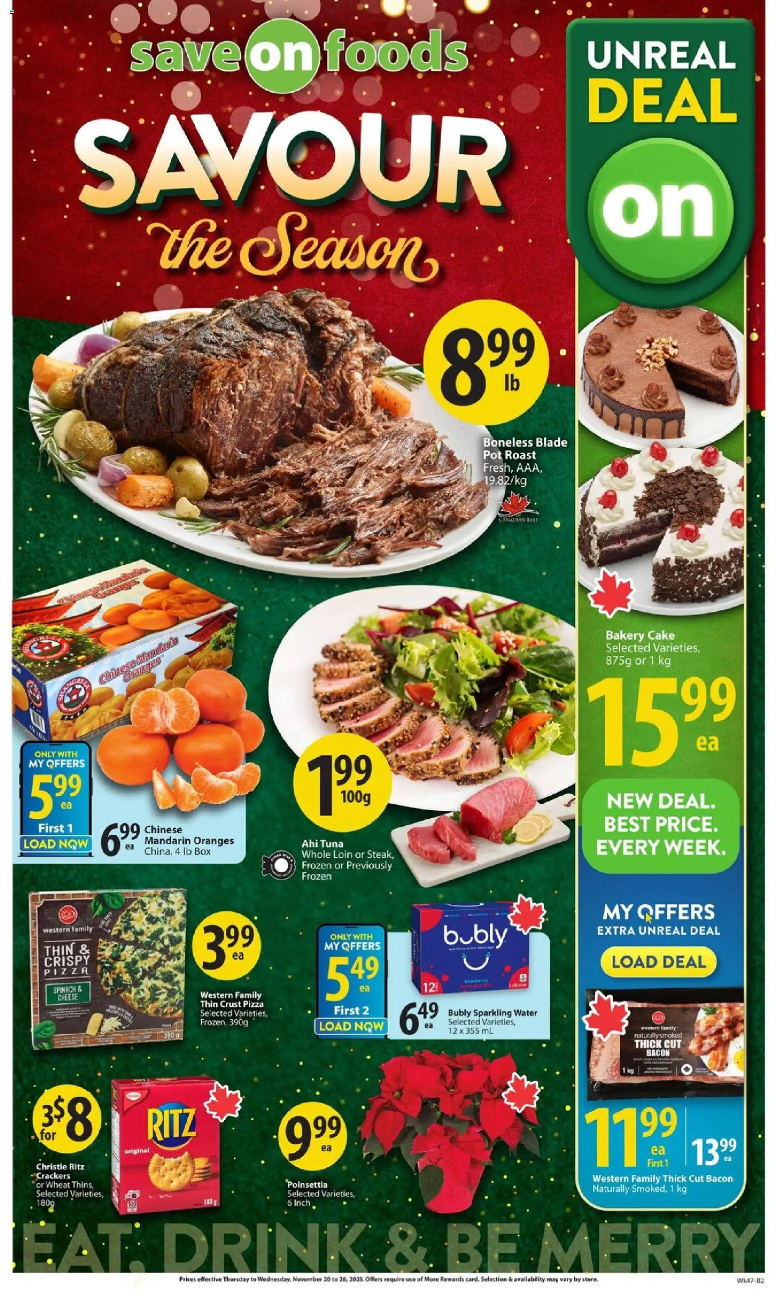 Save on foods flyer valid from 20.11.2025 | Page: 1 | Products: Box, Cheese, Pizza, Oranges