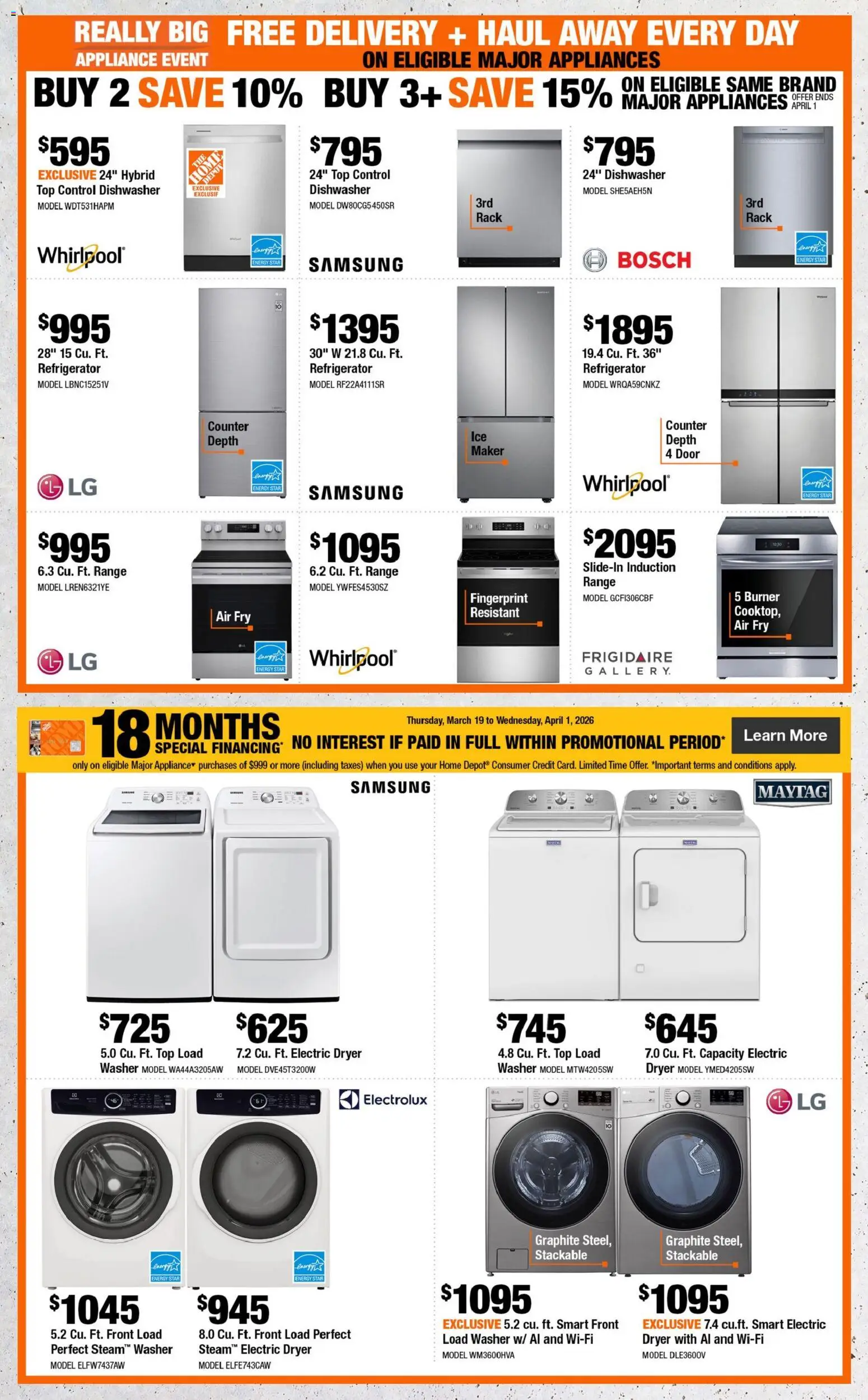 Home Depot flyer valid from 19.03.2026 | Page: 7 | Products: Refrigerator, Dryer, Dishwasher