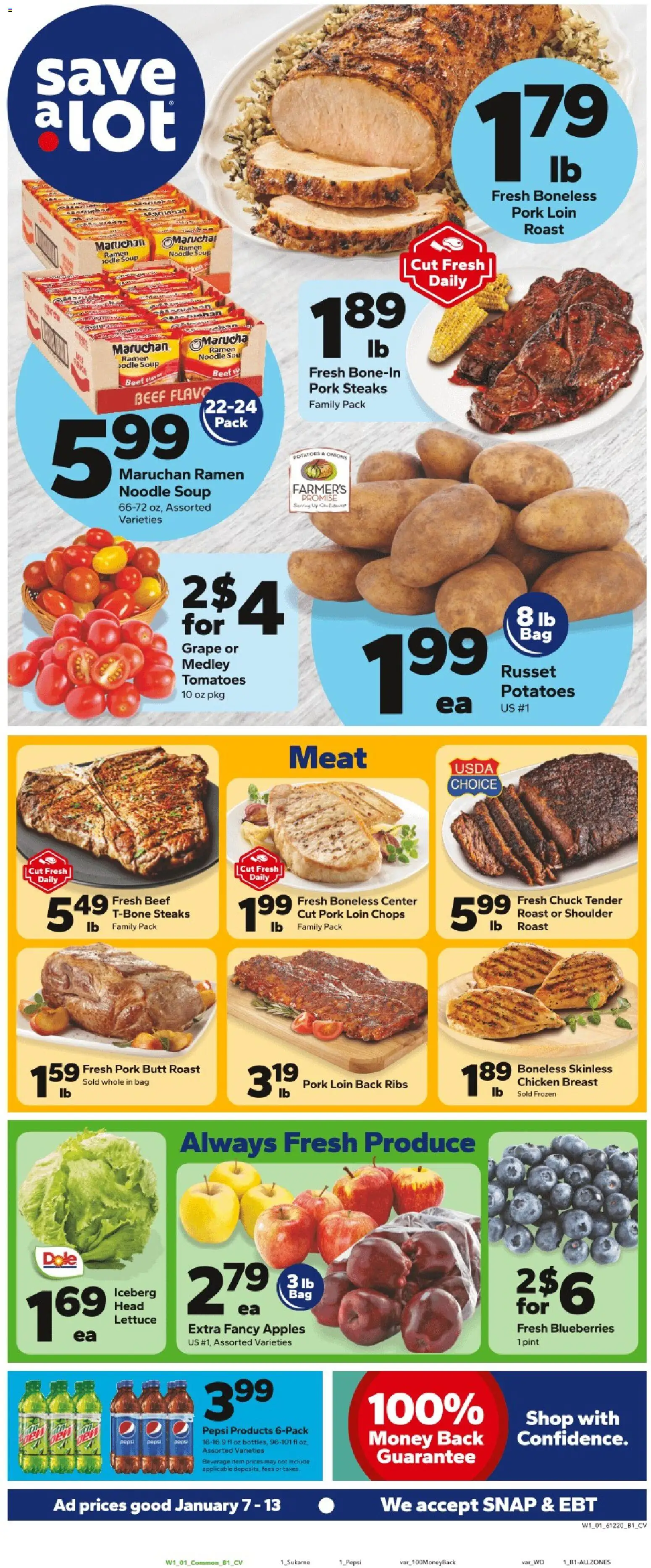 Save a Lot Weekly Ad - valid from 07.01.2026 | Page: 1 | Products: Pork, Apples, Tomatoes, Beef