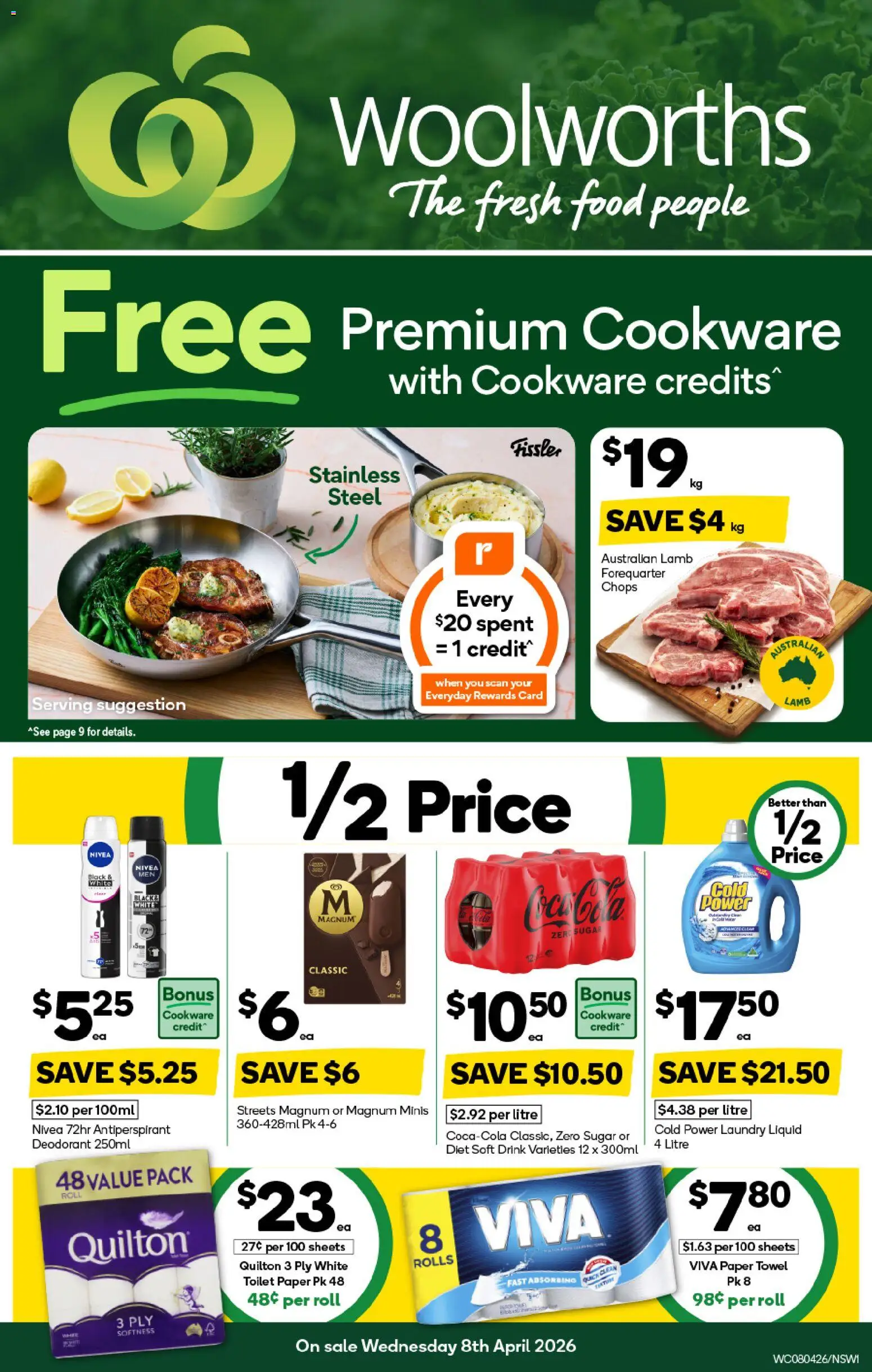 Woolworths catalogue - valid from 08.04.2026 | Page: 1 | Products: Lamb, Cookware, Toilet paper, Laundry