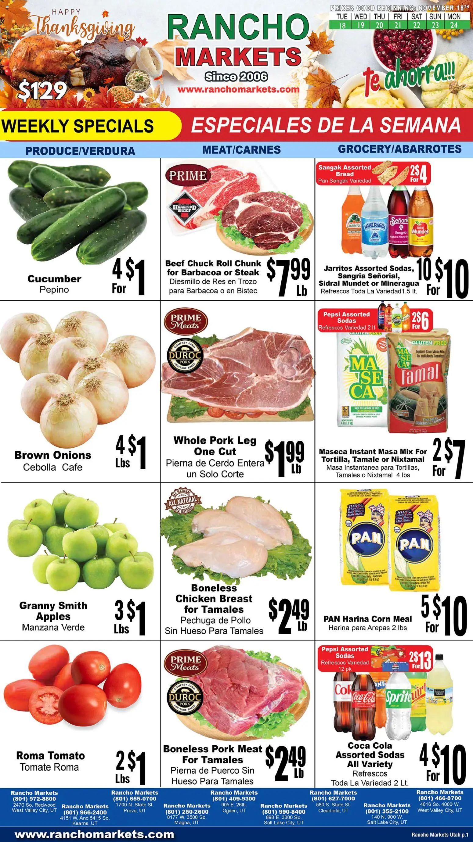 Rancho Markets Weekly Ad - valid from 18.11.2025 | Page: 1 | Products: Corn, Pork, Apples, Beef