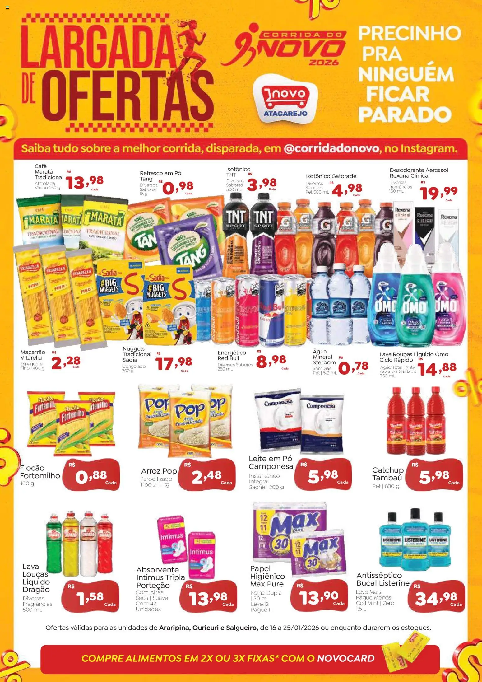 Novo Atacarejo Folheto - válido de 16.01.2026 | Página: 1 | Produtos: Espaguete, Pó, Absorvente, Isotônico