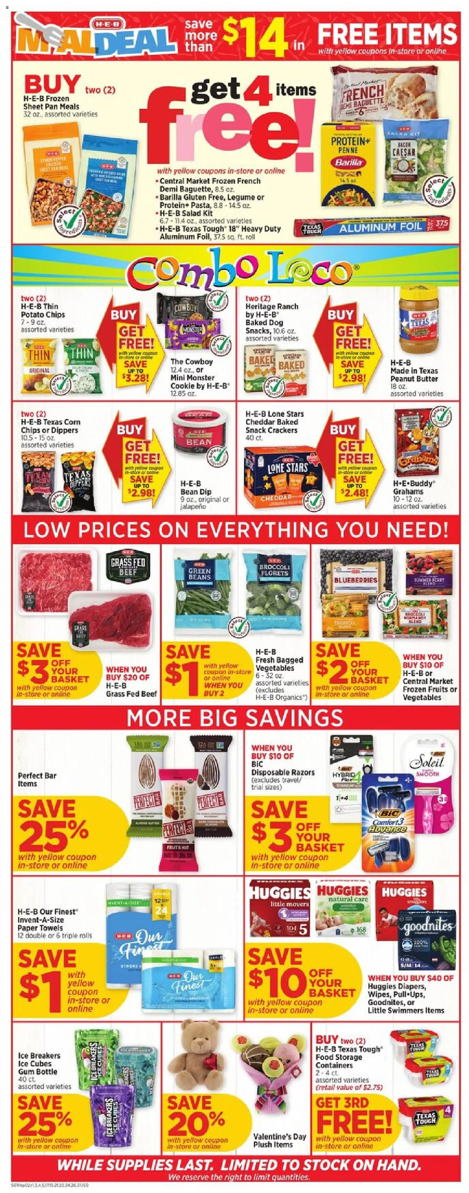 H-E-B Weekly Ad - valid from 14.01.2026 | Page: 2 | Products: Basket, Chips, Salad, Blueberries