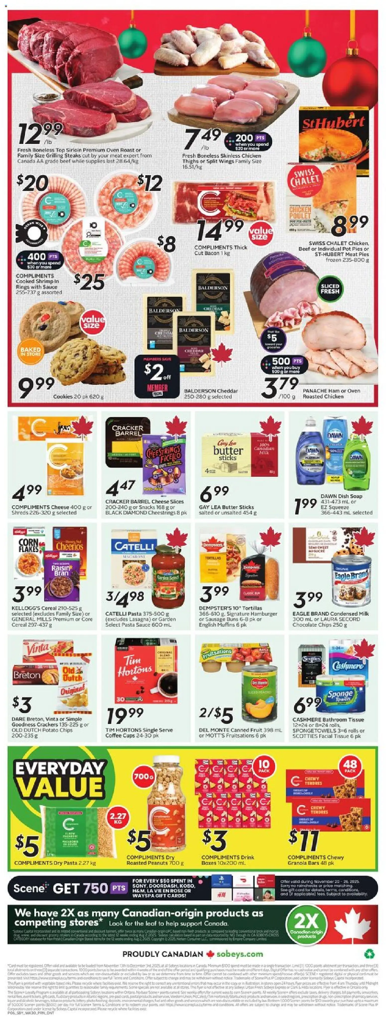 Sobeys flyer valid from 20.11.2025 | Page: 4 | Products: Pasta, Chips, Cheese, Coffee