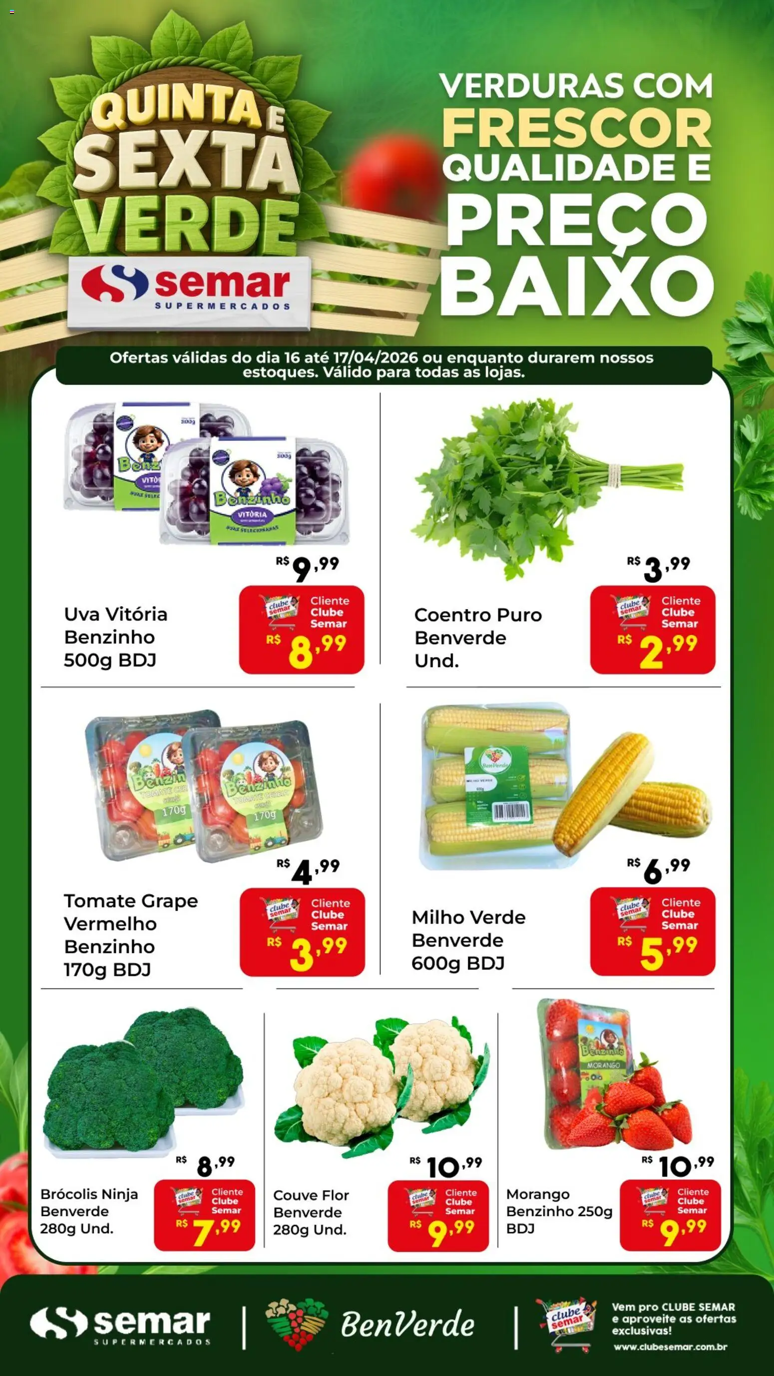 Semar Supermercado Folheto - válido de 16.04.2026 | Página: 1 | Produtos: Milho verde, Baixo, Brócolis, Couve