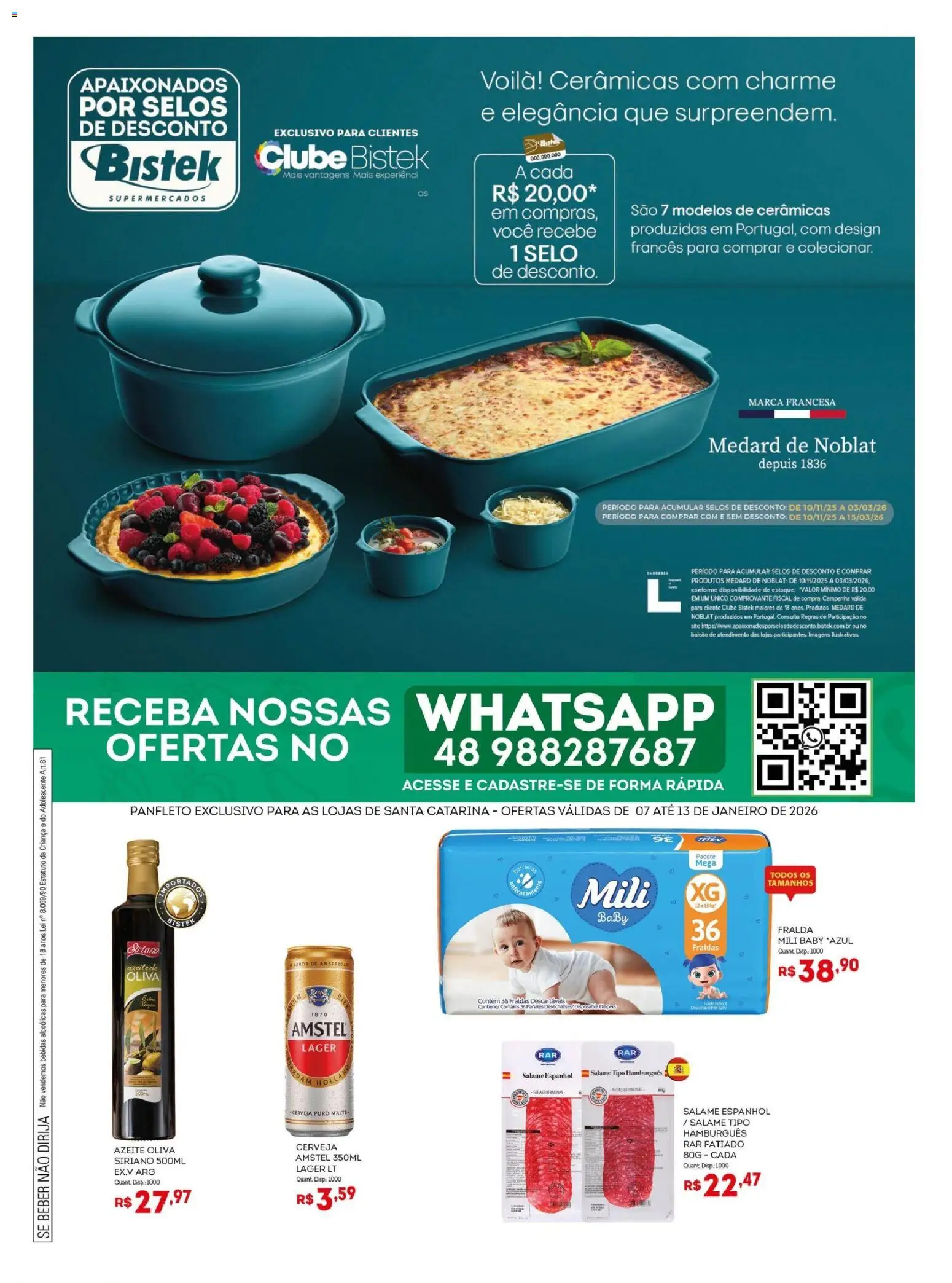 Bistek Supermercados Folheto - válido de 07.01.2026 | Página: 1 | Produtos: Salame, Cerveja, Fraldas, Azeite