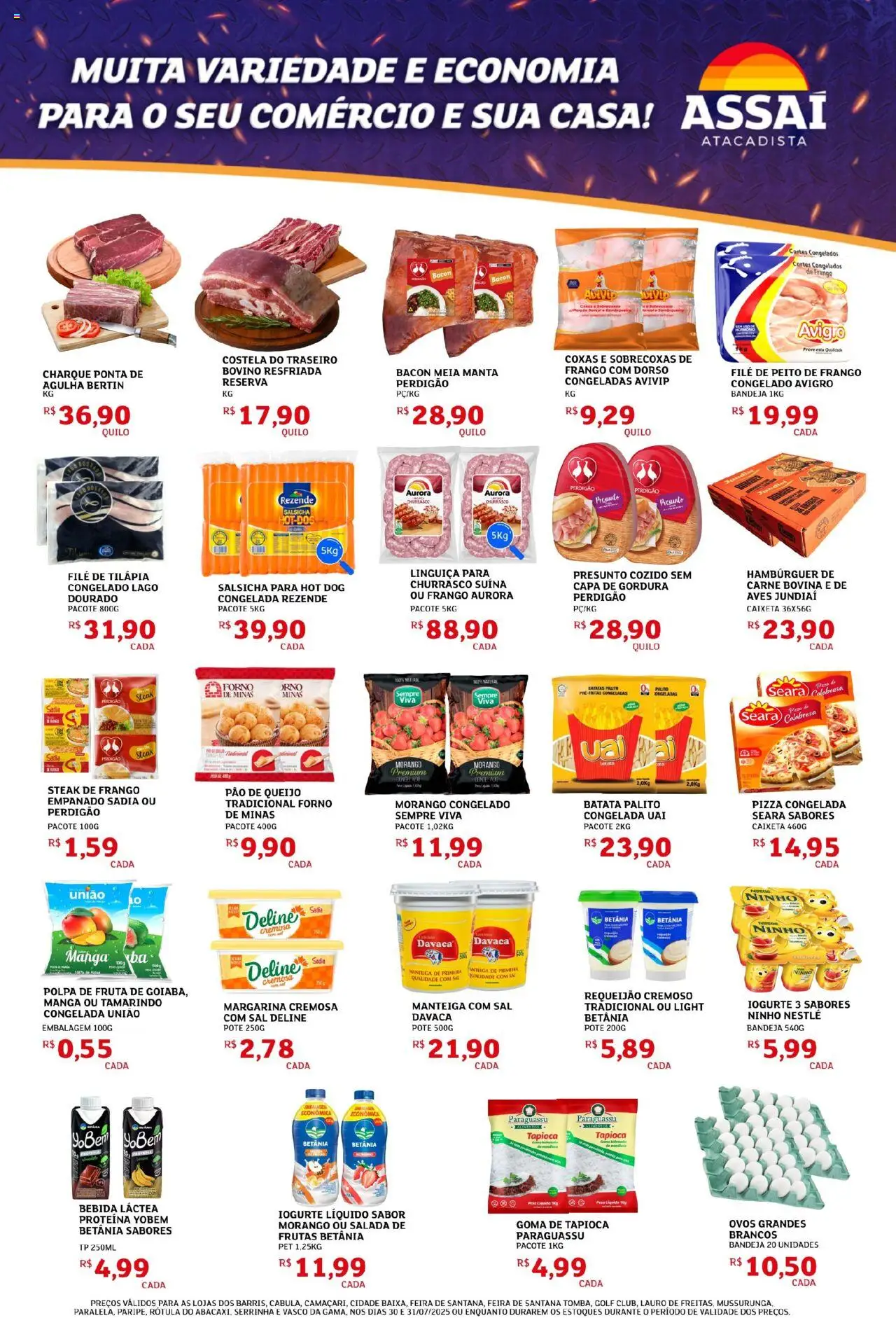 Assaí Atacadista Folheto - válido de 30.07.2025 | Página: 3 | Produtos: Tapioca, Ovos, Tilápia, Hambúrguer