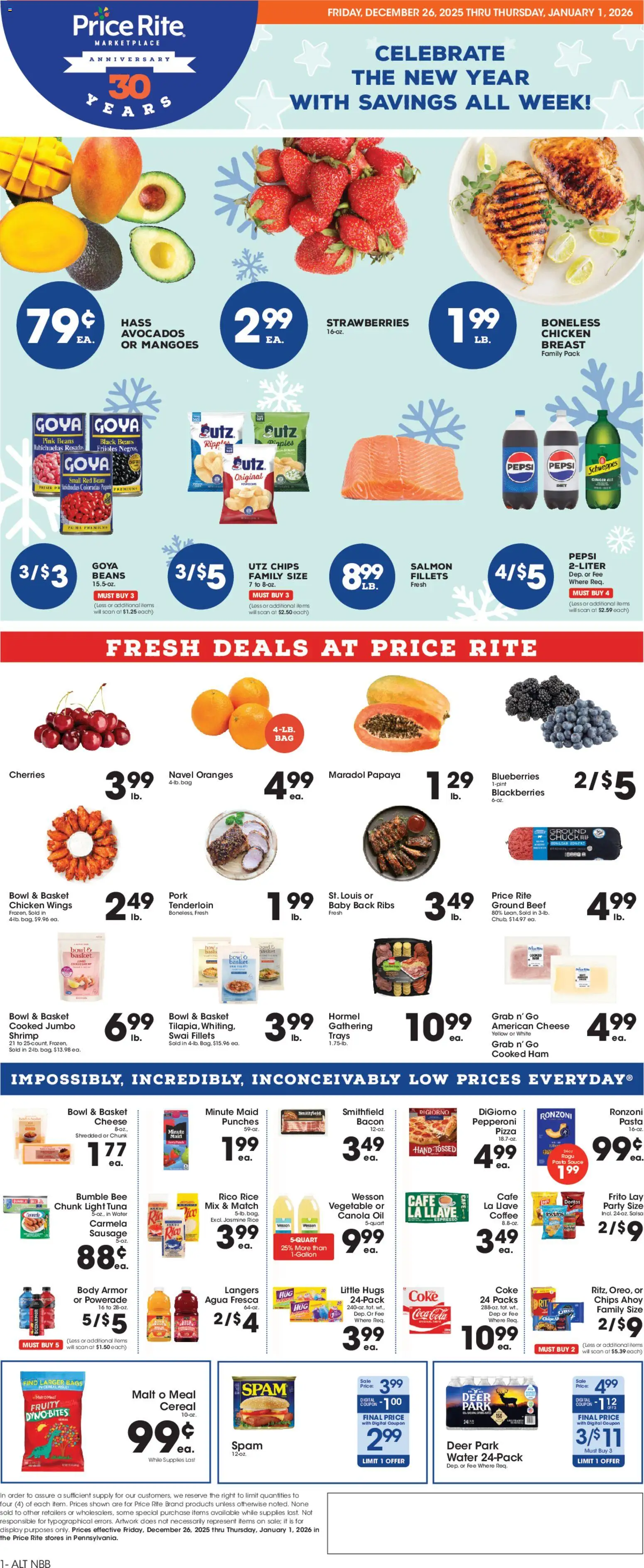 Price Rite Weekly Ad - valid from 26.12.2025 | Page: 1 | Products: Beef, Strawberries, Water, Blueberries