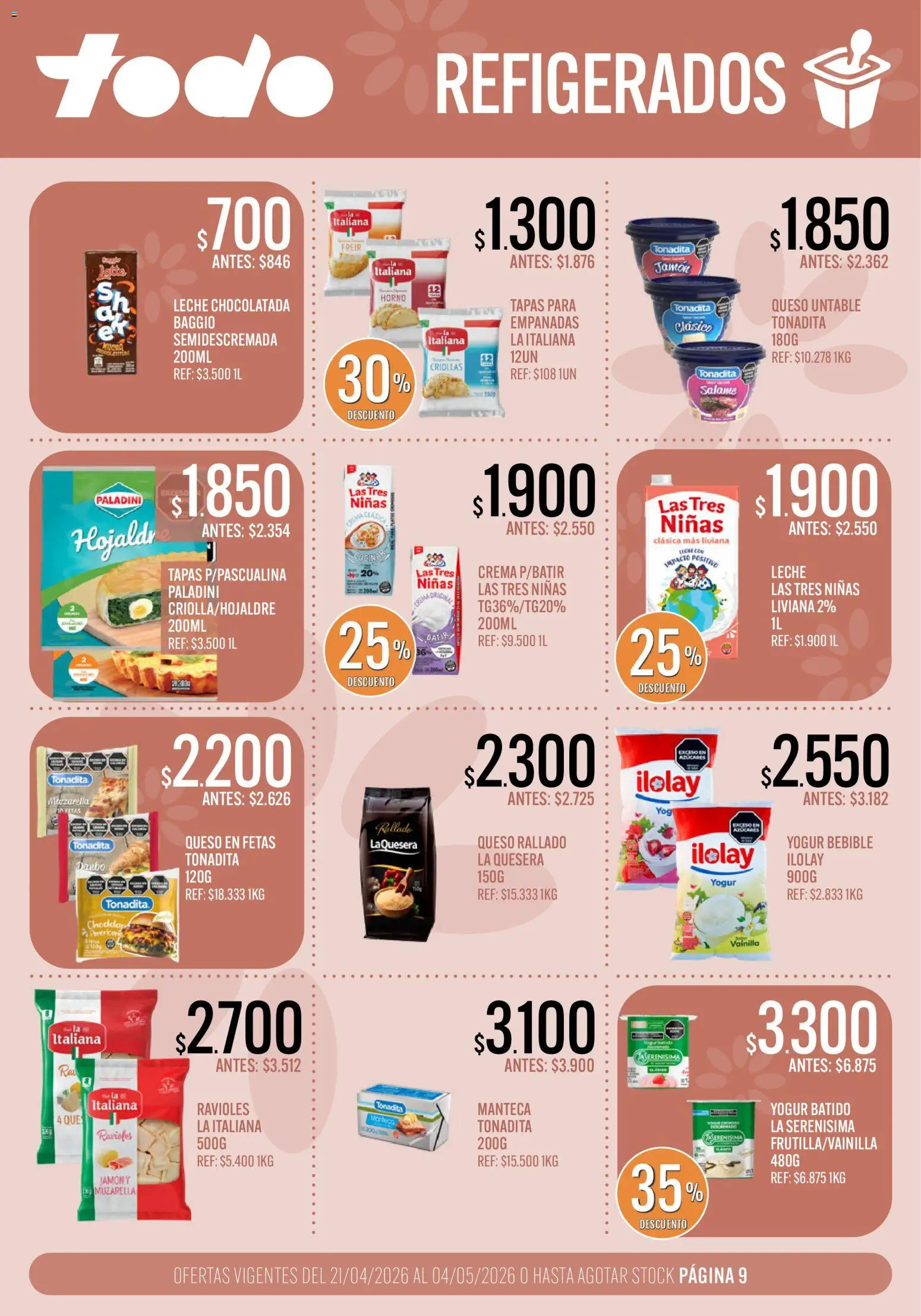 Supermercados TODO - Ofertas │ válido desde el 21.04.2026 | Página: 9 | Productos: Queso, Chocolatada, Ravioles, Crema