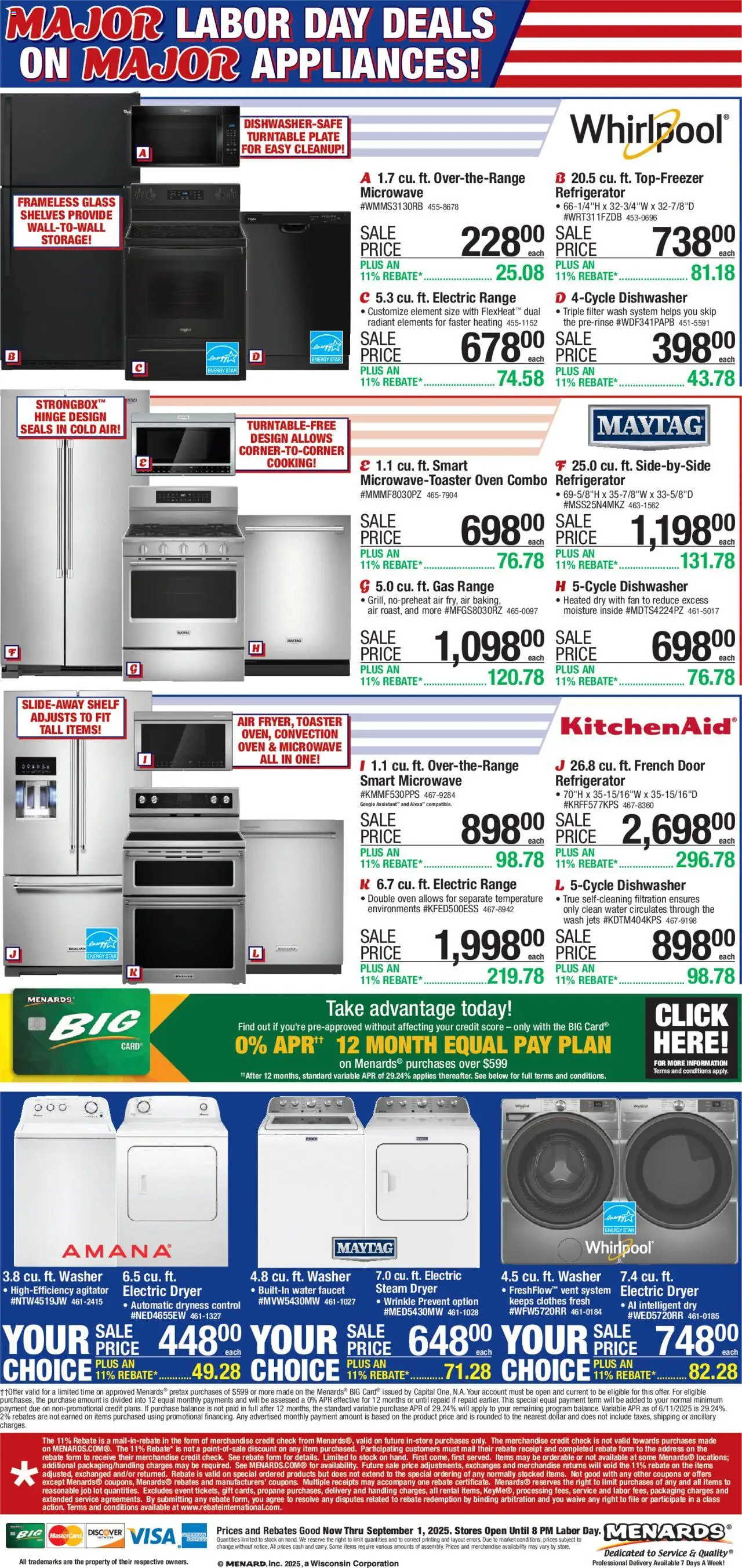 Menards Online Only - valid from 20.08.2025 | Page: 1 | Products: Hinge, Washer, Dishwasher, Fan