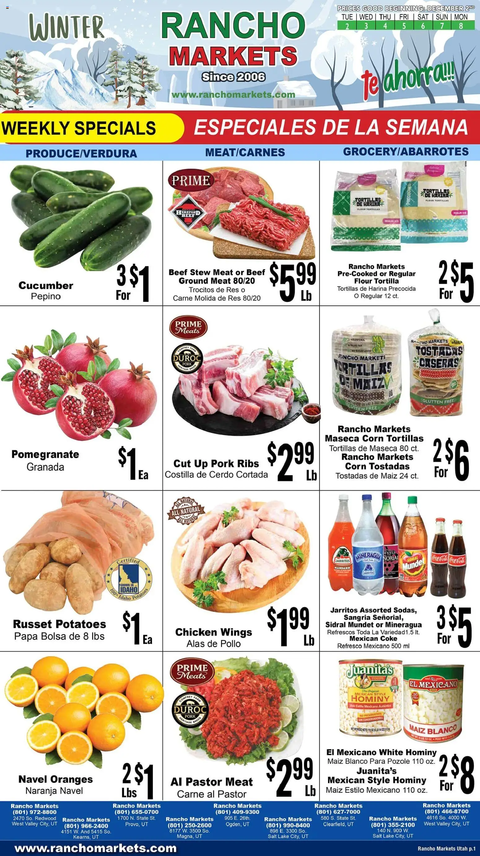 Rancho Markets Weekly Ad - valid from 02.12.2025 | Page: 1 | Products: Pork, Oranges, Potatoes, Salt
