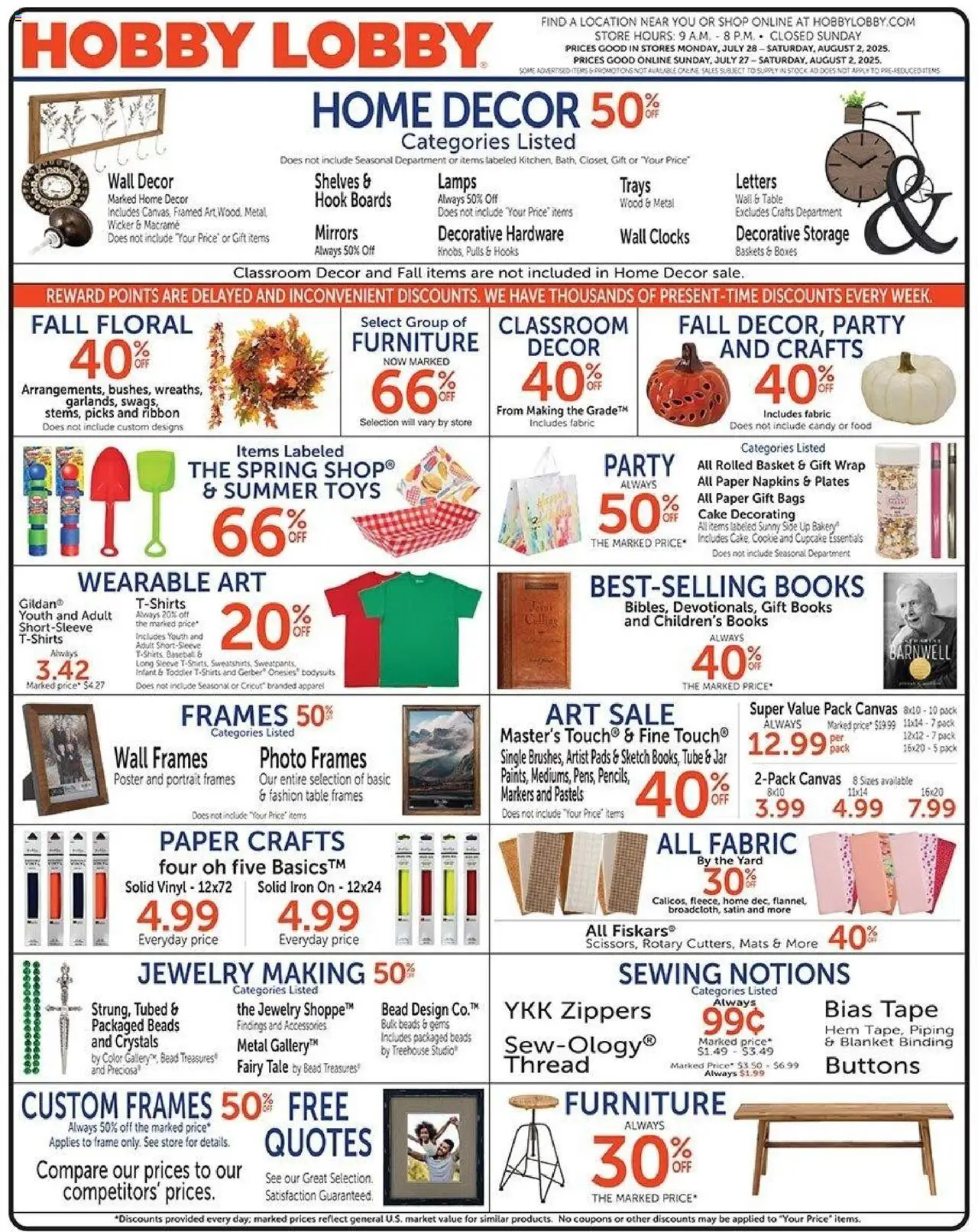 Hobby Lobby Weekly Ad - valid from 27.07.2025 | Page: 1 | Products: Table, Canvas, Hook, Pads