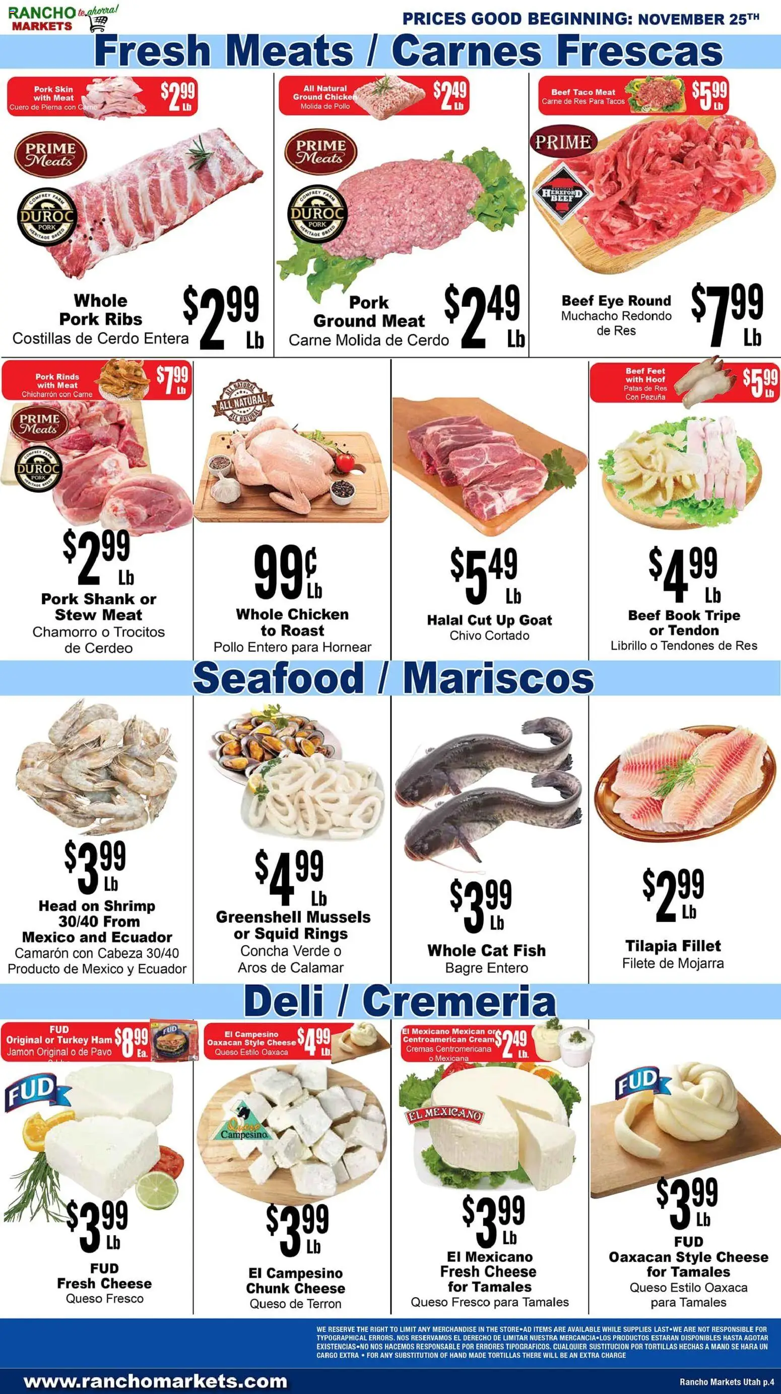 Rancho Markets Weekly Ad - valid from 25.11.2025 | Page: 4 | Products: Cheese, Ham, Cream, Seafood