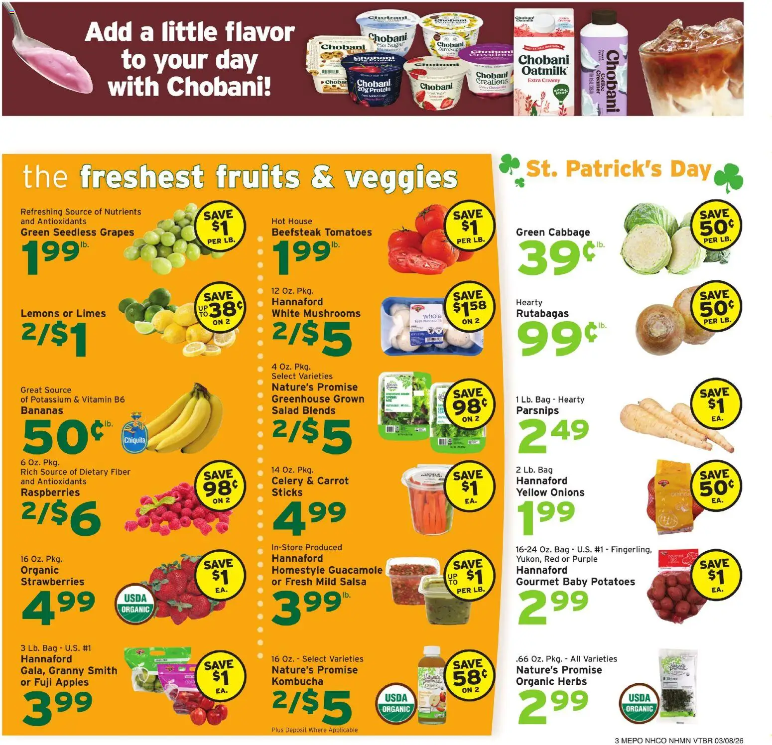 Hannaford Weekly Ad - valid from 08.03.2026 | Page: 3 | Products: Cream, Potatoes, Grapes, Bag