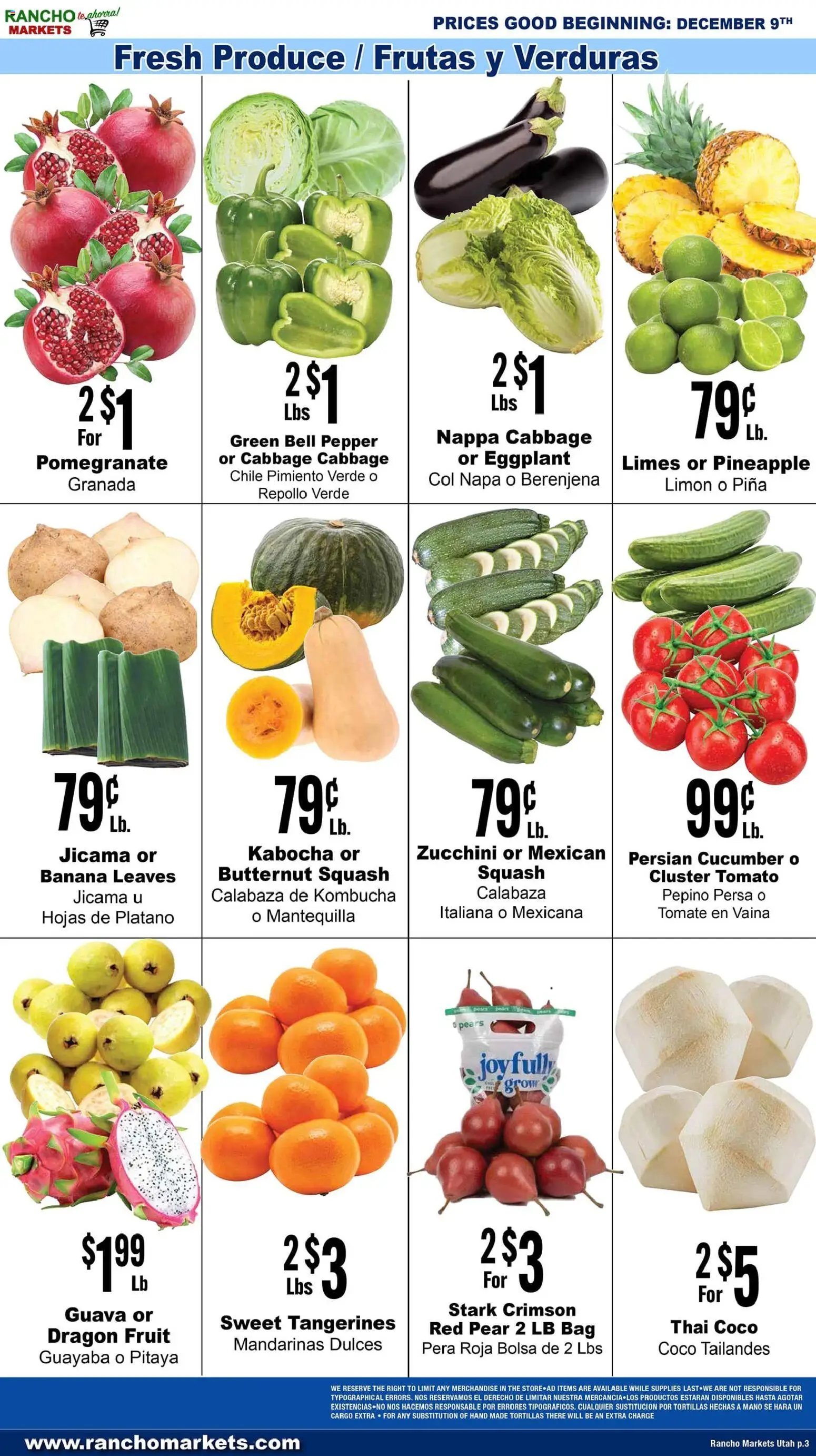 Rancho Markets Weekly Ad - valid from 09.12.2025 | Page: 3 | Products: Squash, Eggplant, Pear, Bag