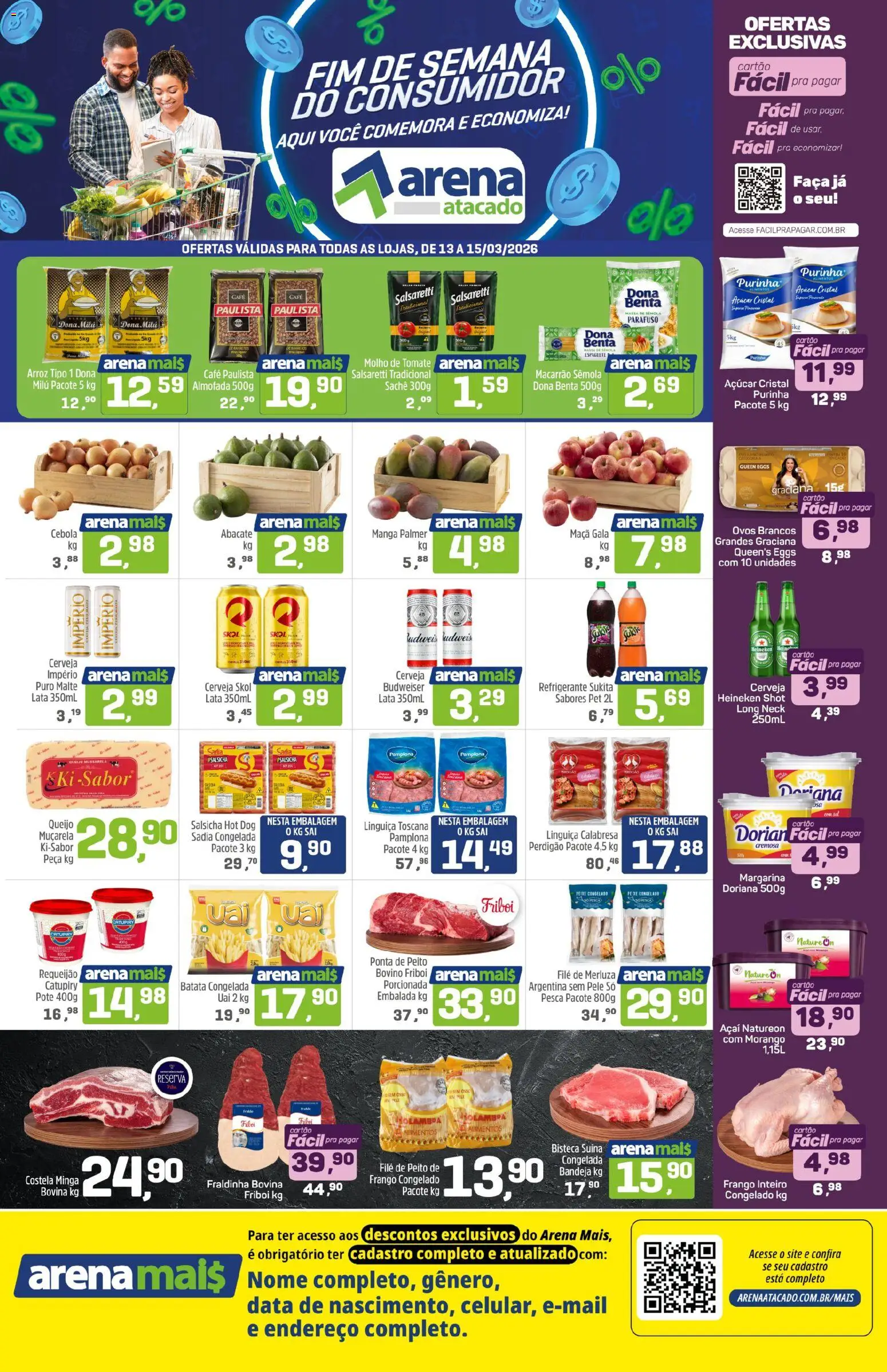Arena Atacado Folheto - válido de 13.03.2026 | Página: 1 | Produtos: Salsicha, Fraldinha, Cerveja, Macarrão