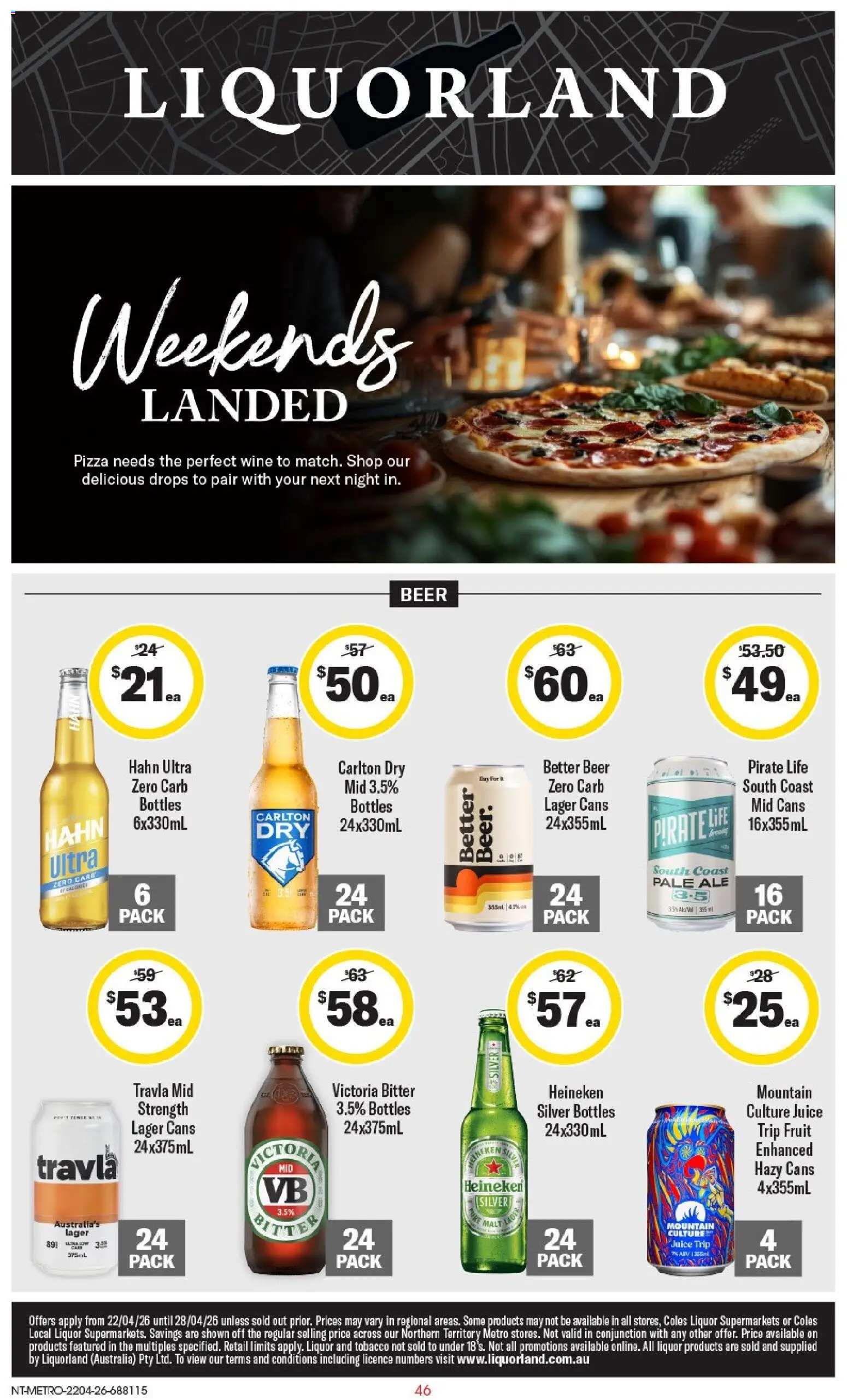 Coles catalogue - valid from 22.04.2026 | Page: 46 | Products: Pizza, Juice, Wine, Beer