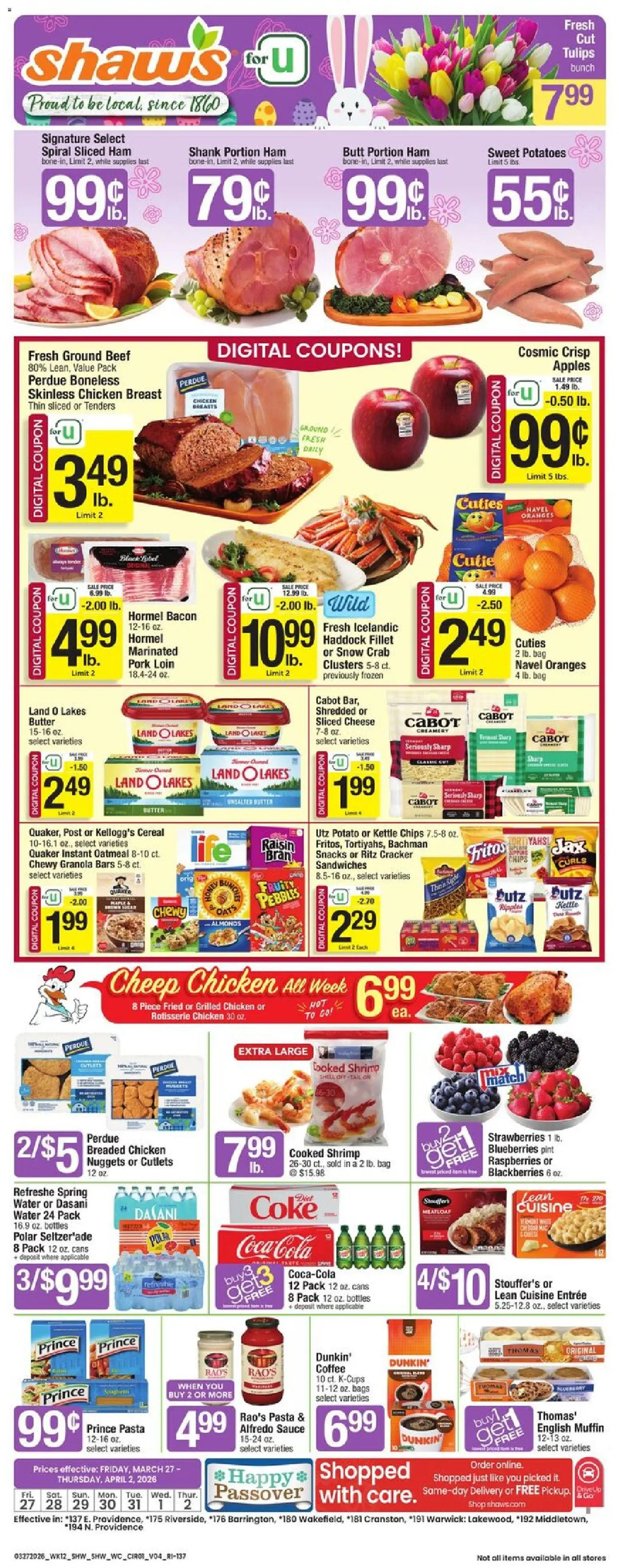 Shaw's Weekly Ad - RI - valid from 27.03.2026 | Page: 1 | Products: Cheese, Strawberries, Water, Kettle