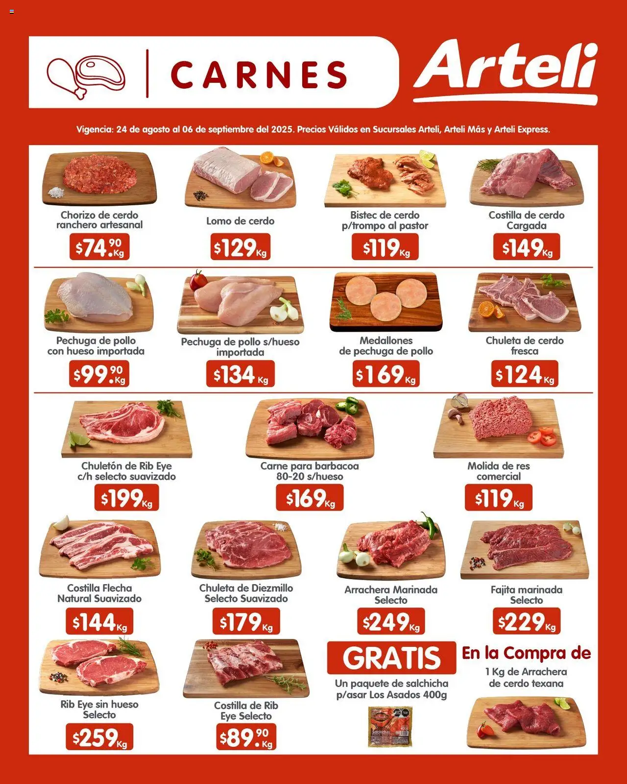 Nuevas ofertas de Arteli válidas en toda la República Mexicana desde el 24.08.2025. ¡Encuentra las mejores ofertas en Arteli - Folleto Quincenal! | Página: 9 | Productos: Pollo, Cerdo, Res, Chorizo