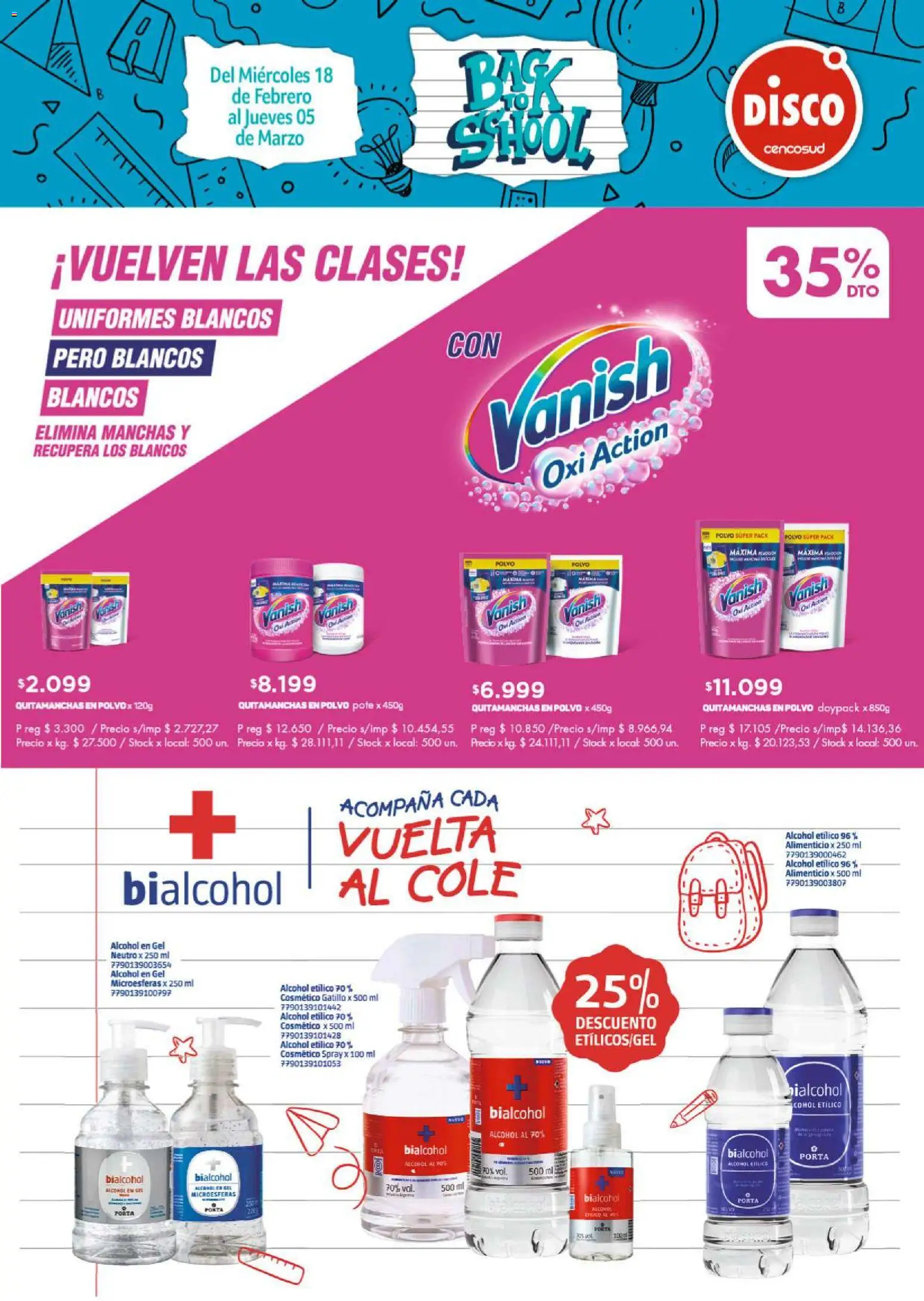 Disco - FOLLETO VUELTA AL COLE MASIVOS │ válido desde el 18.02.2026 | Página: 11 | Productos: Alcohol en gel, Disco, Polvo, Quitamanchas