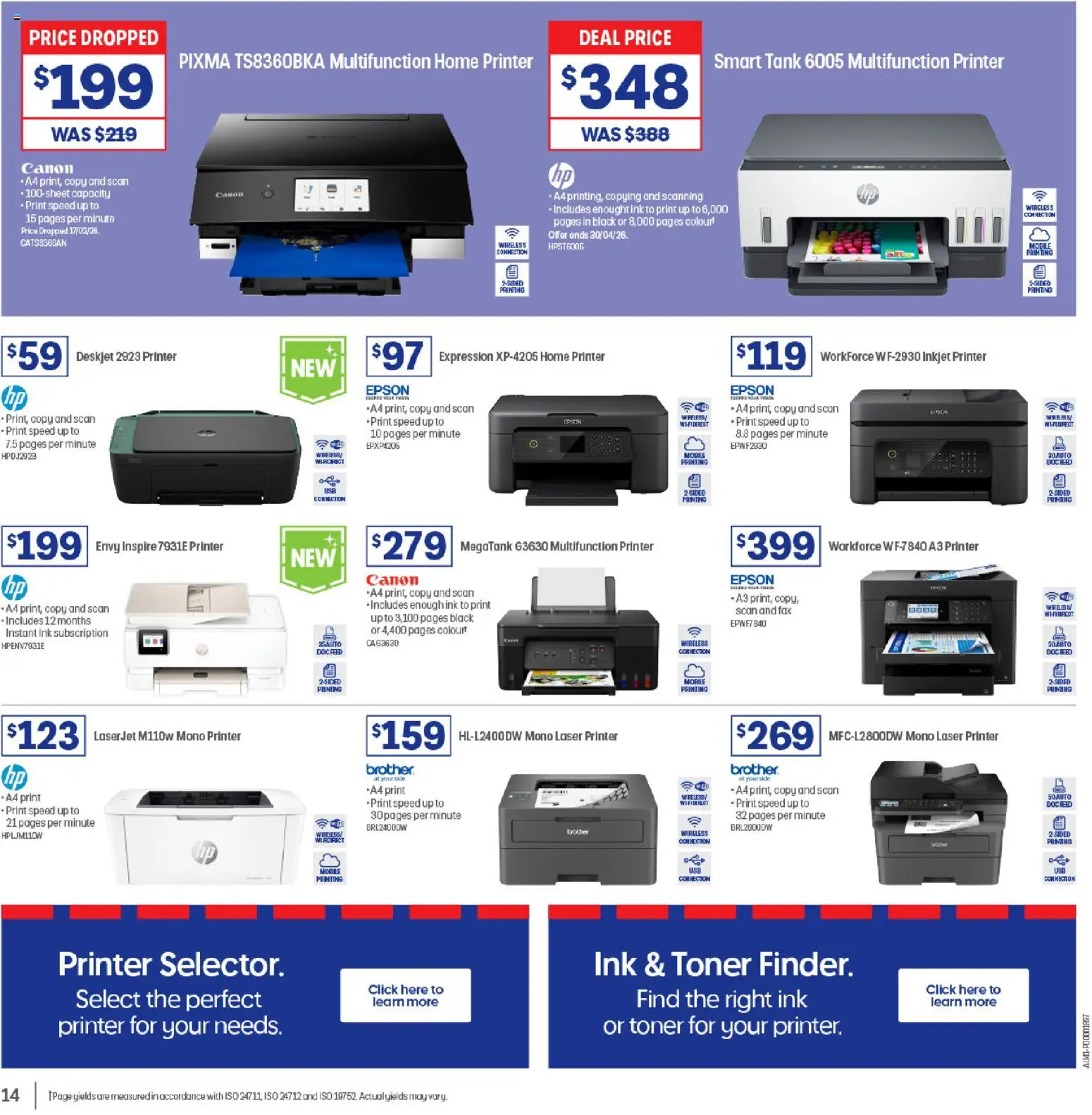 Officeworks catalogue - valid from 31.03.2026 | Page: 14 | Products: Inkjet printer, Laser printer, Toner, Mobile