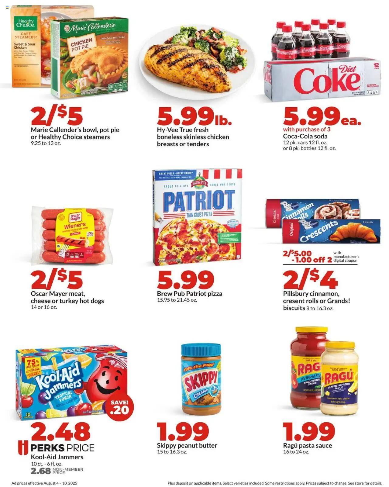 HyVee Weekly Ad - valid from 04.08.2025 | Page: 3 | Products: Foundation, Cheese, Pizza, Hot Dogs