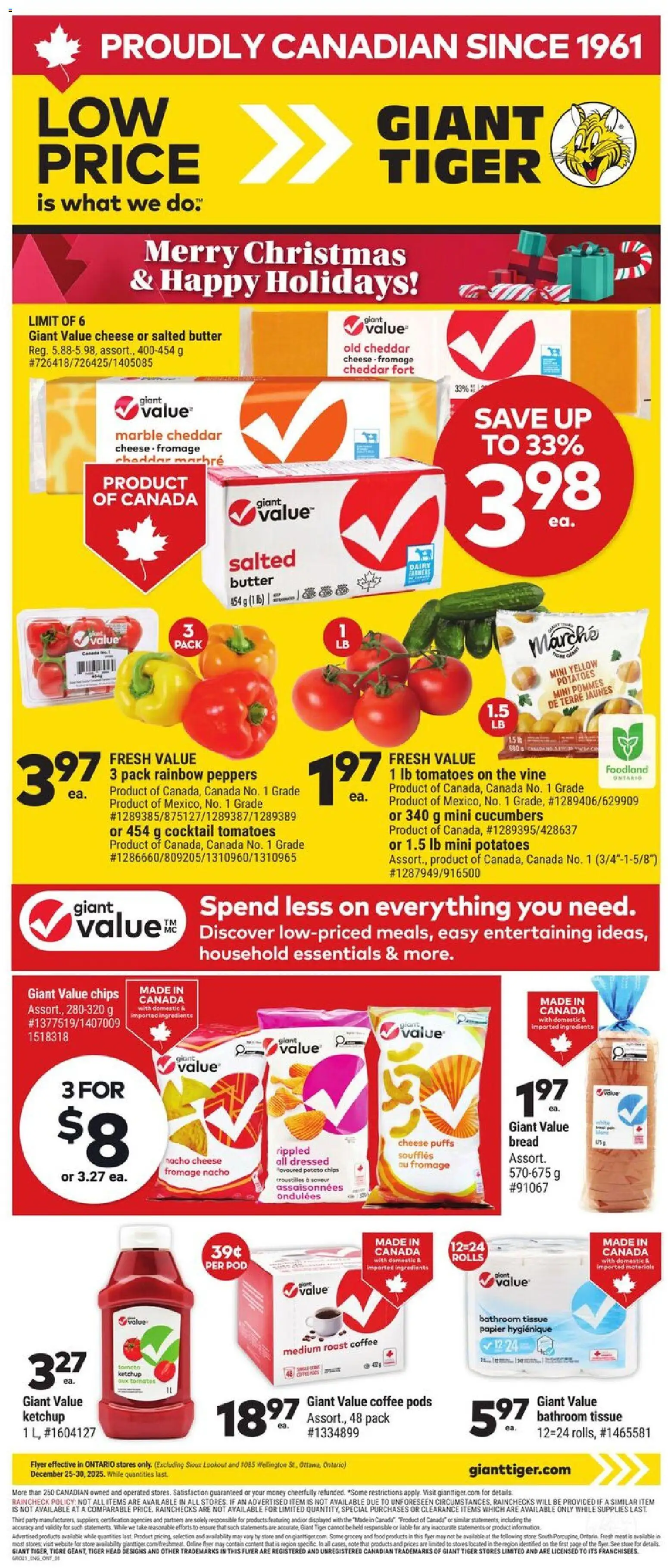 Giant Tiger flyer valid from 25.12.2025 | Page: 1 | Products: Ketchup, Potatoes, Cheese, Coffee