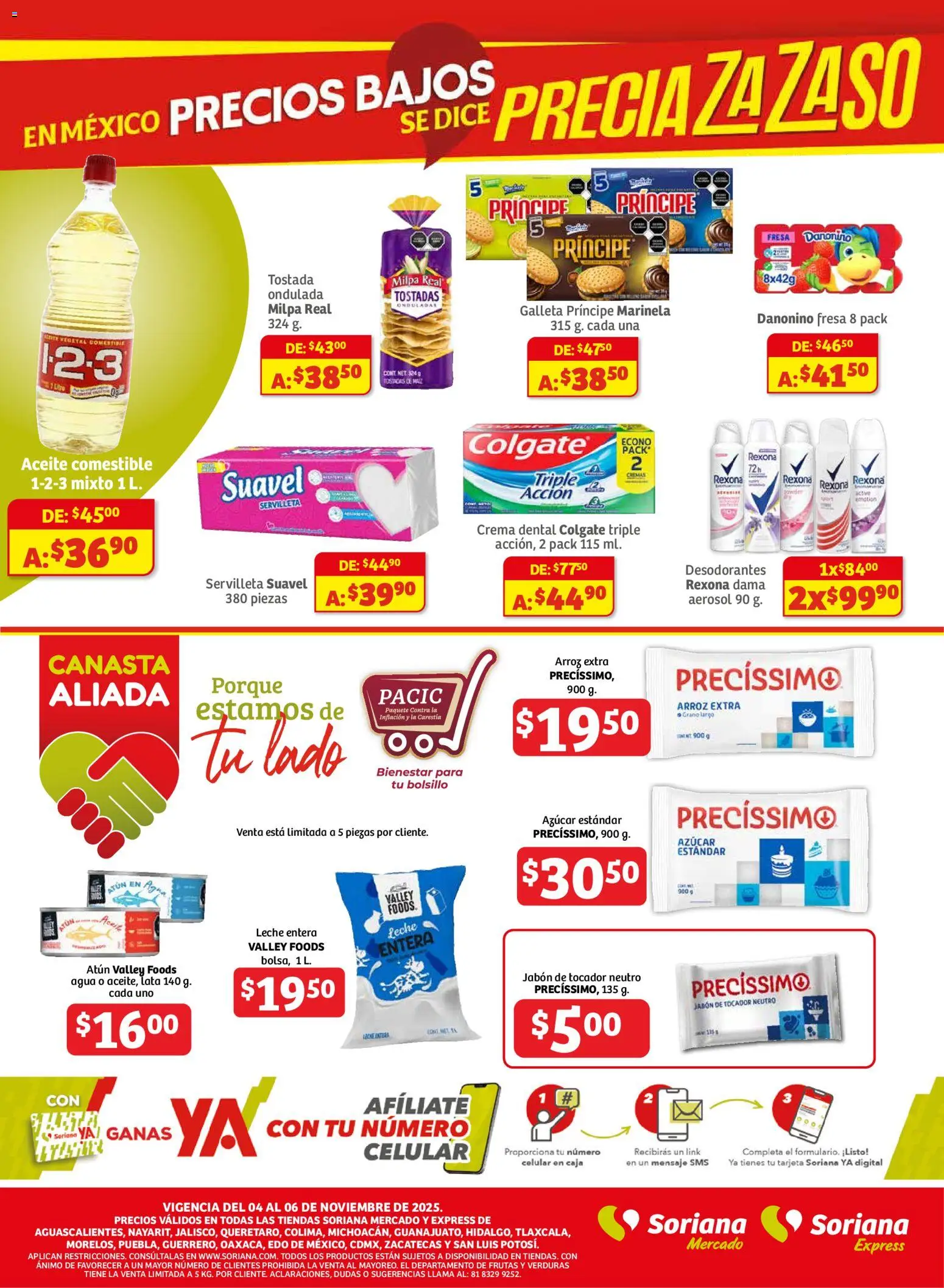 Nuevas ofertas de Soriana válidas en toda la República Mexicana desde el 04.11.2025. ¡Encuentra las mejores ofertas en Soriana - Frescos del Mandado Mercado: Ags, Nay, Jal, Qro, Col, Mich, Gto, Hgo, Tlax, Mor, Pue, Gro, Oax, Edo. de Mex, CDMX, Zac y! | Página: 3 | Productos: Azúcar, Aceite, Arroz, Canasta