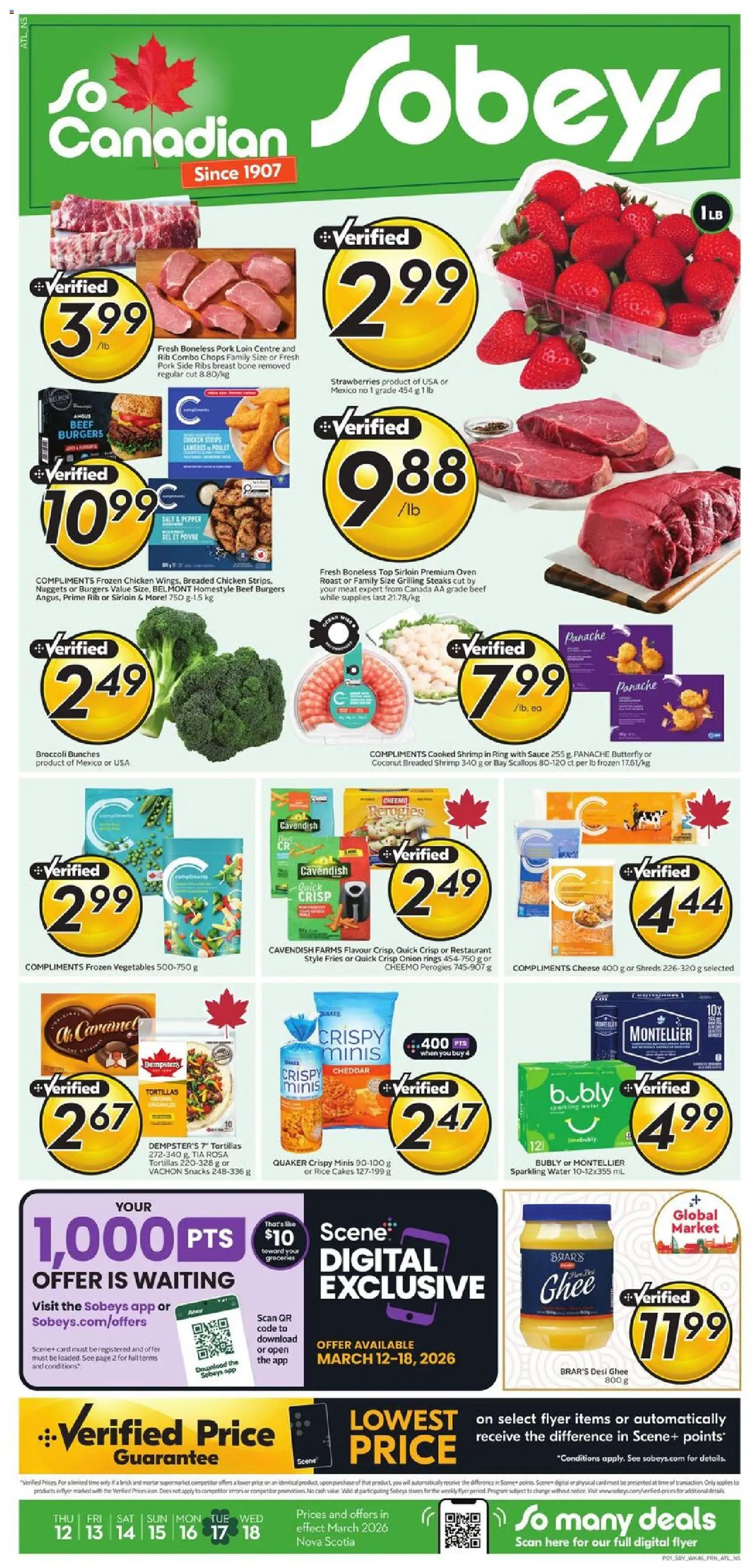 Sobeys flyer valid from 12.03.2026 | Page: 1 | Products: Rice, Oven, Cheese, Pork