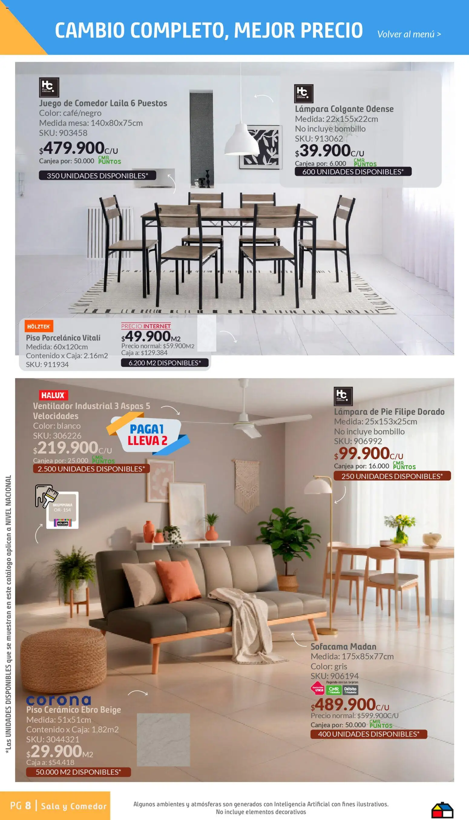 Homecenter revista - valida desde el 26.03.2026 | Página: 8 | Productos: Bombillo, Ventilador, Mesa, Lámpara