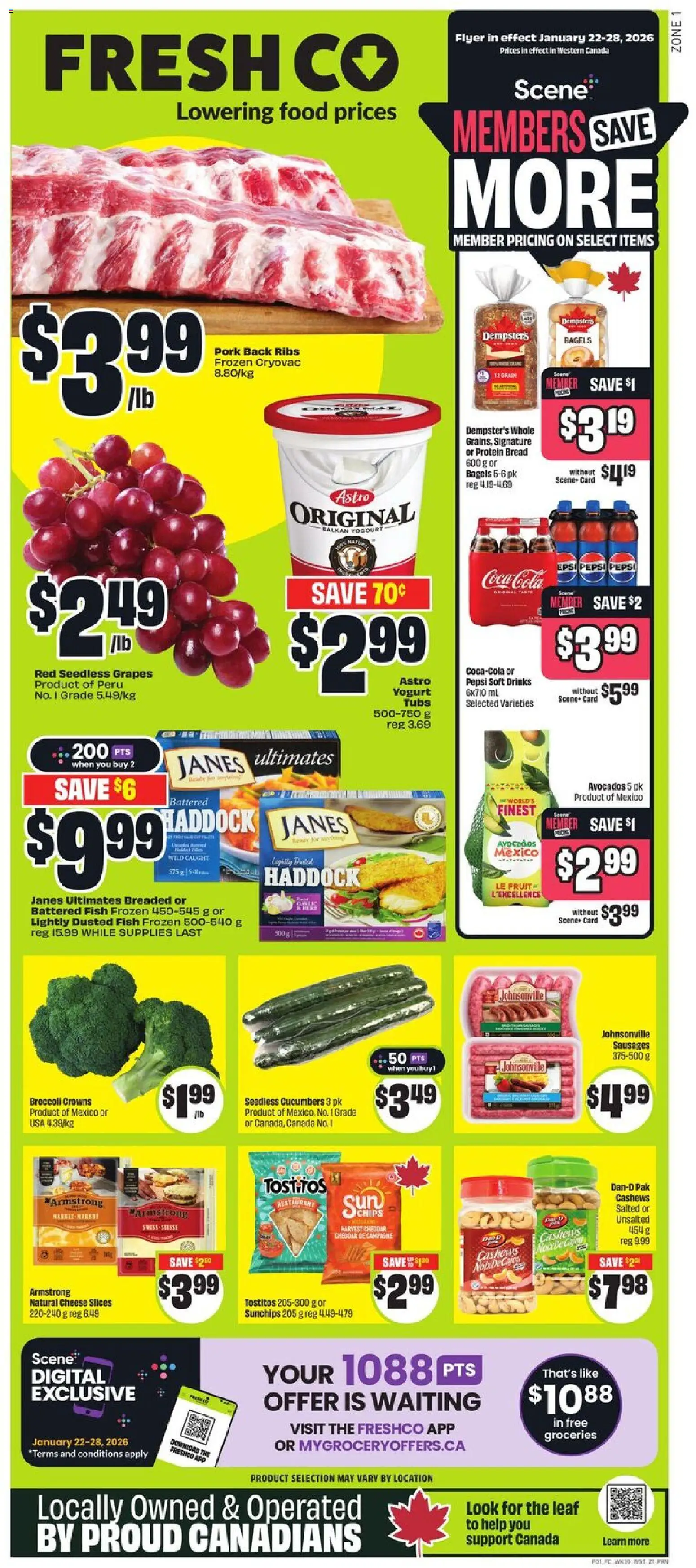FreshCo flyer valid from 22.01.2026 | Page: 1 | Products: Chips, Cheese, Bread, Pork