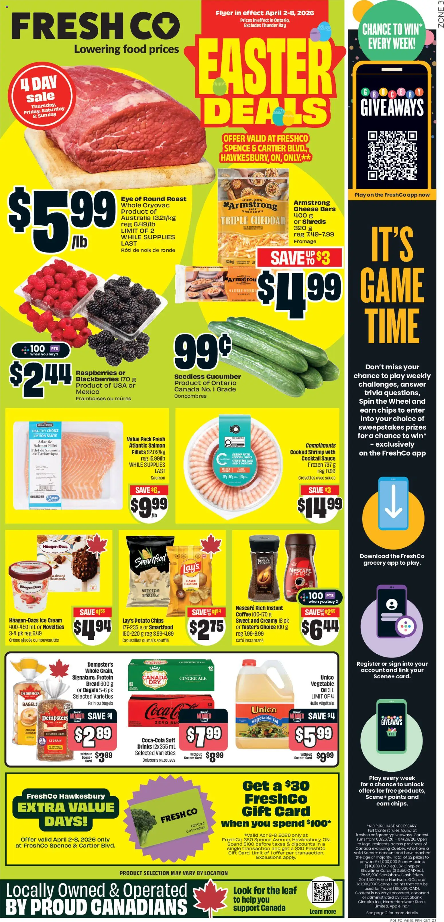 FreshCo flyer valid from 02.04.2026 | Page: 1 | Products: Ice cream, Cheese, Oil, Bread