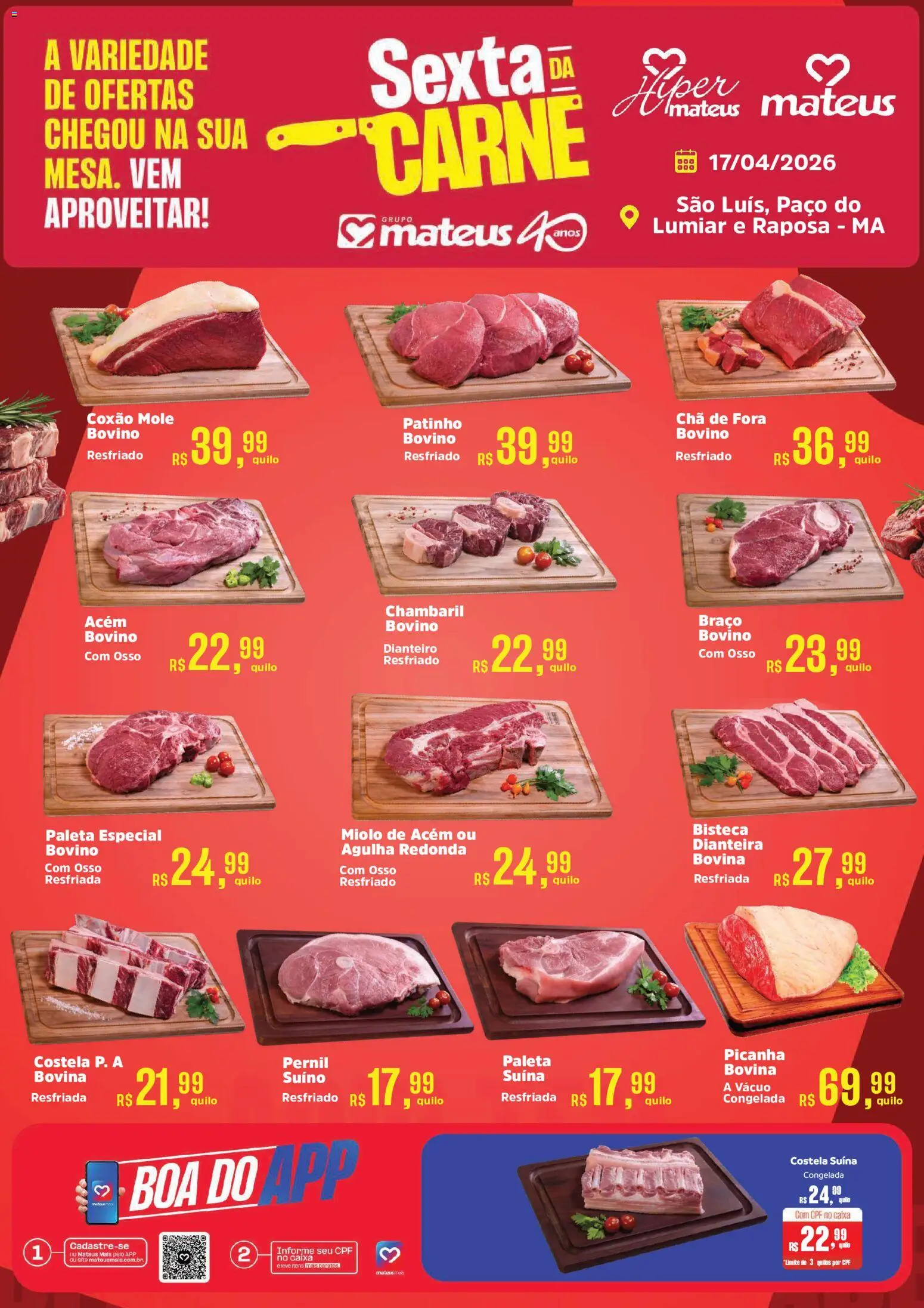 Mateus Folheto - válido de 17.04.2026 | Página: 1 | Produtos: Acém, Picanha, Caixa, Chambaril bovino