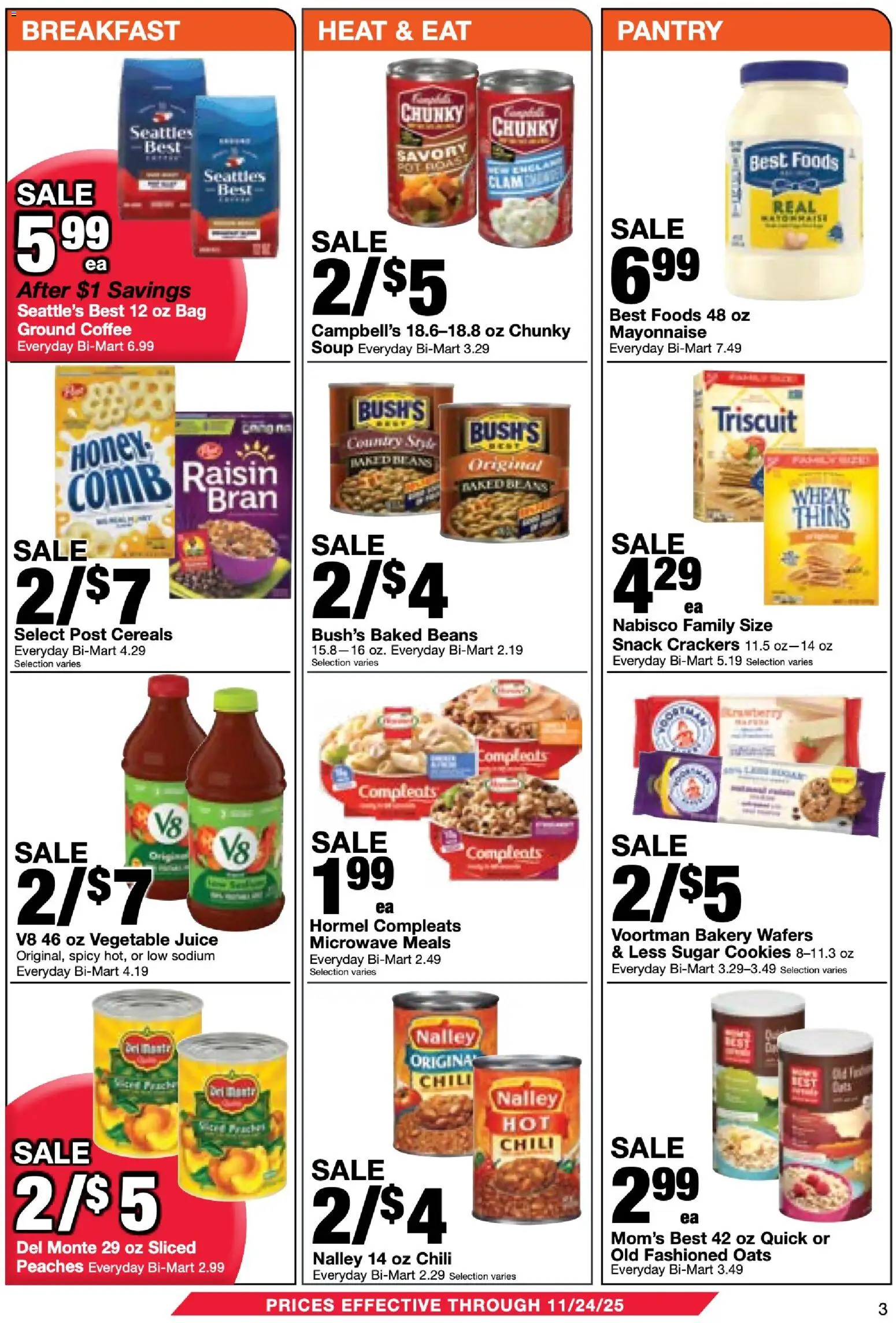Bi-Mart Weekly Ad - valid from 11.11.2025 | Page: 3 | Products: Peaches, Coffee, Cookies, Bag