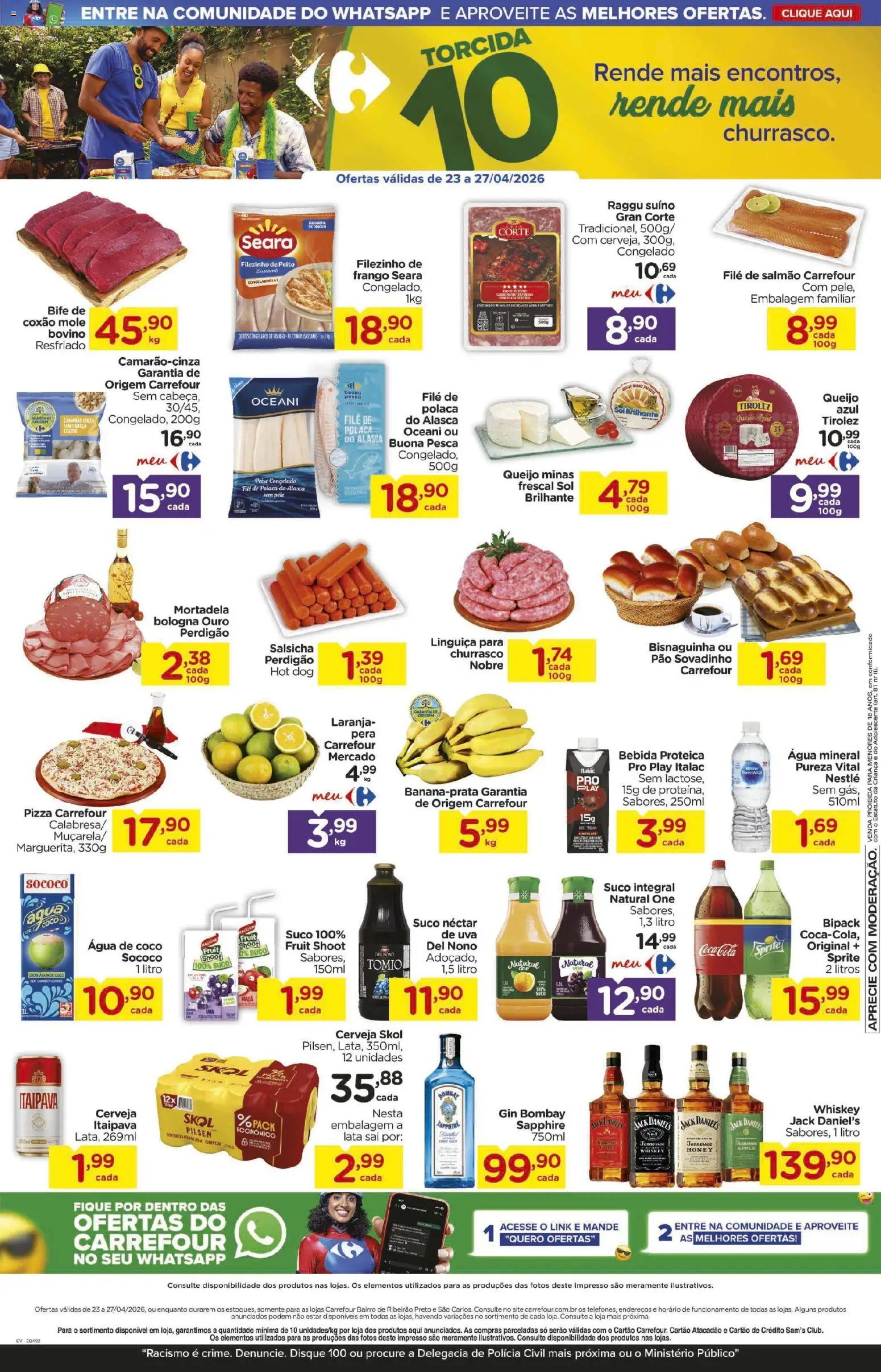 Carrefour Bairro Folheto - válido de 23.04.2026 | Página: 2 | Produtos: Linguiça, Pão, Suco, Bebida