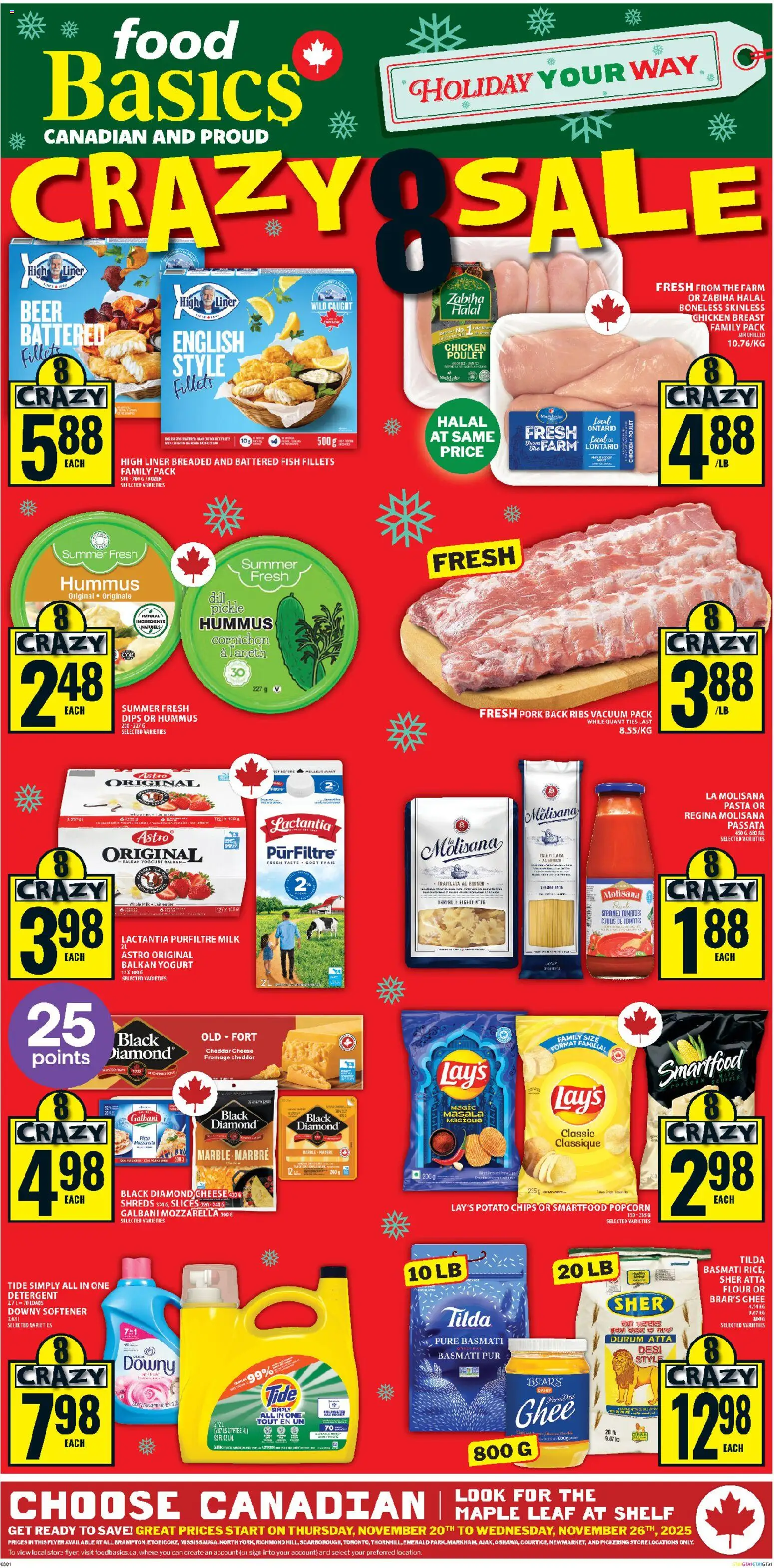 Food Basics flyer valid from 20.11.2025 | Page: 1 | Products: Fish, Pasta, Beer, Tomatoes